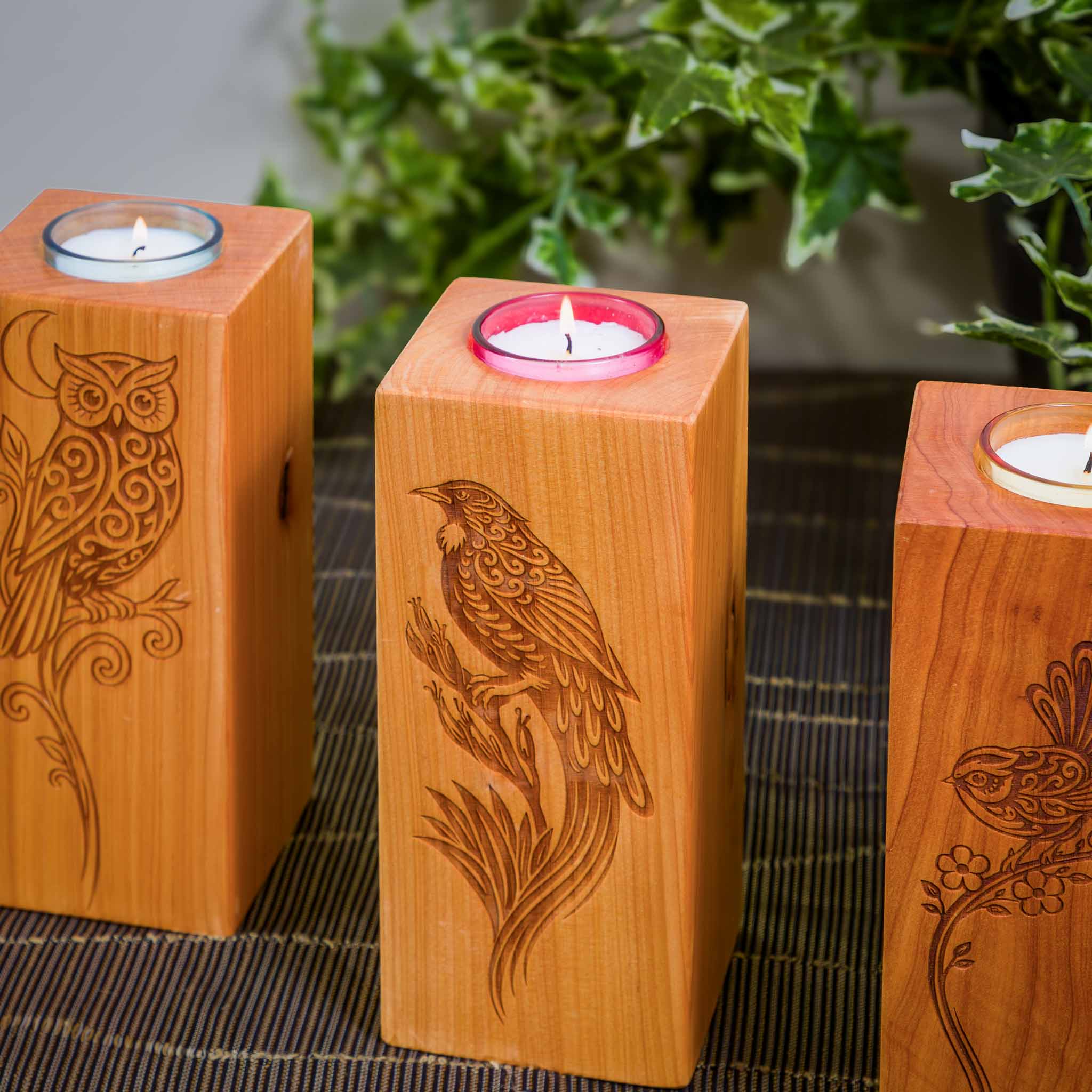 Large Macrocarpa Candle Holder, NZ Bird Engraved Timber Gift