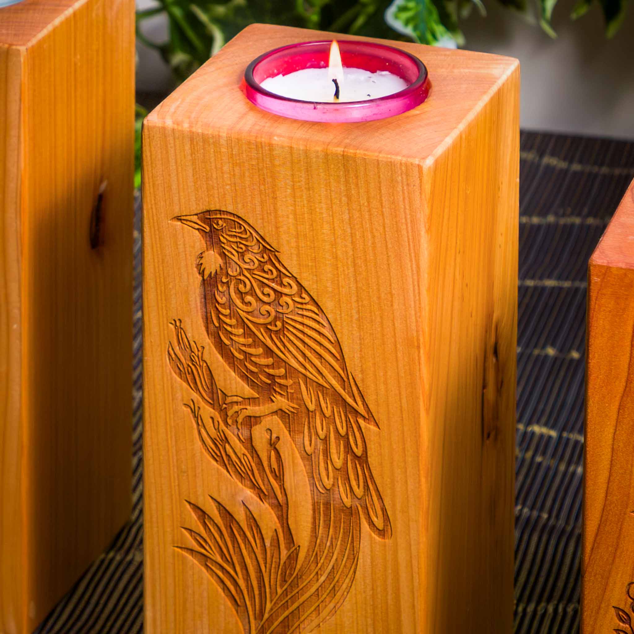 Large Macrocarpa Candle Holder, NZ Bird Engraved Timber Gift