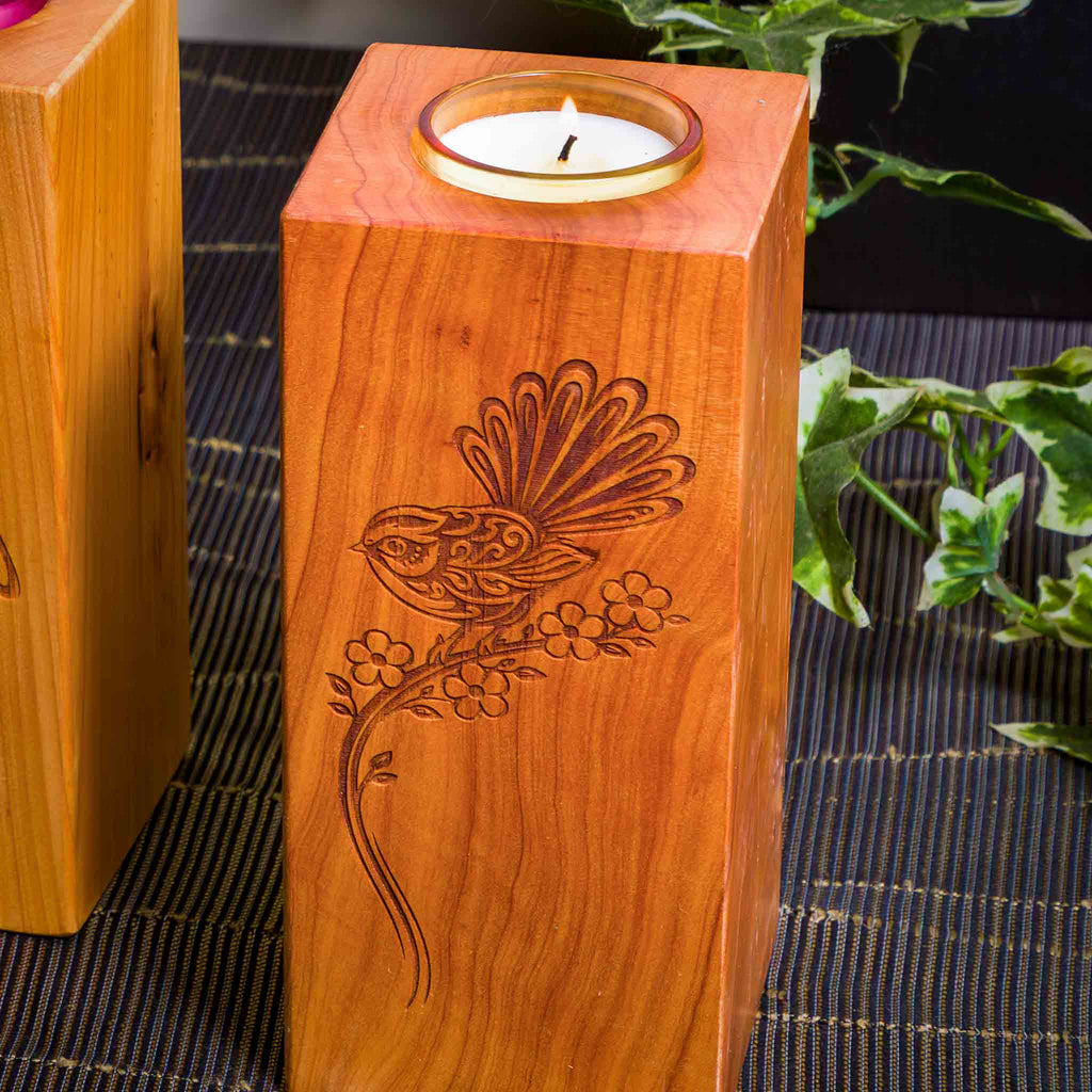 Large Macrocarpa Candle Holder, NZ Bird Engraved Timber Gift