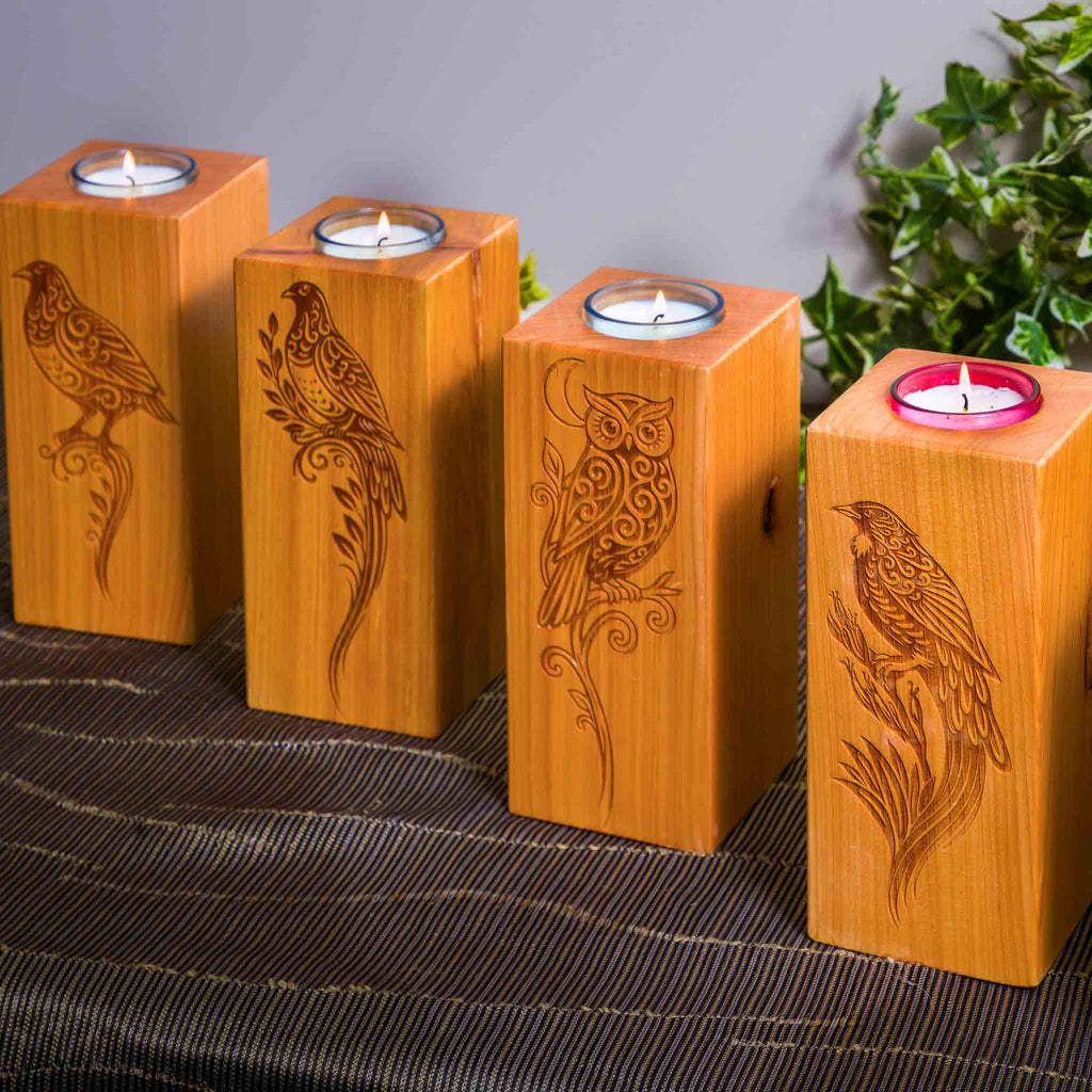 Large Macrocarpa Candle Holder, NZ Bird Engraved Timber Gift