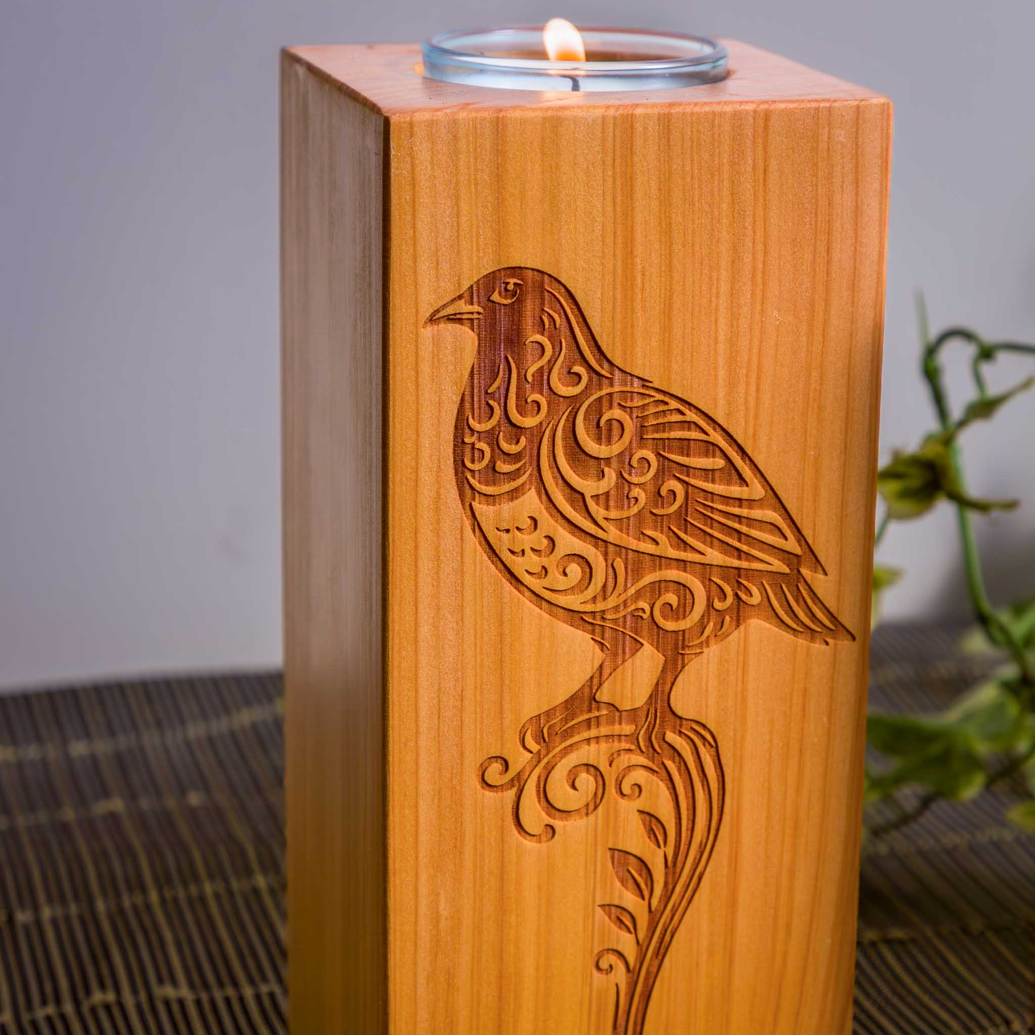 Large Macrocarpa Candle Holder, NZ Bird Engraved Timber Gift