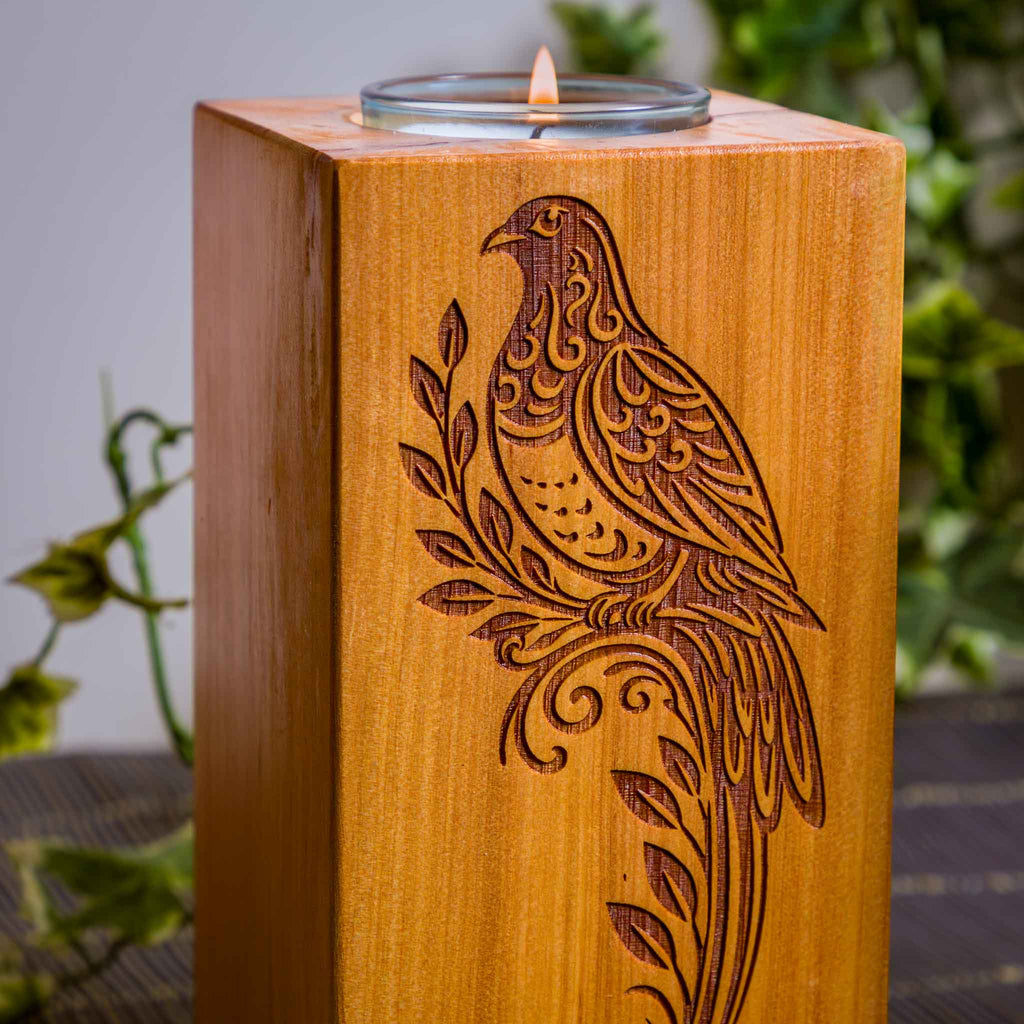 Large Macrocarpa Candle Holder, NZ Bird Engraved Timber Gift