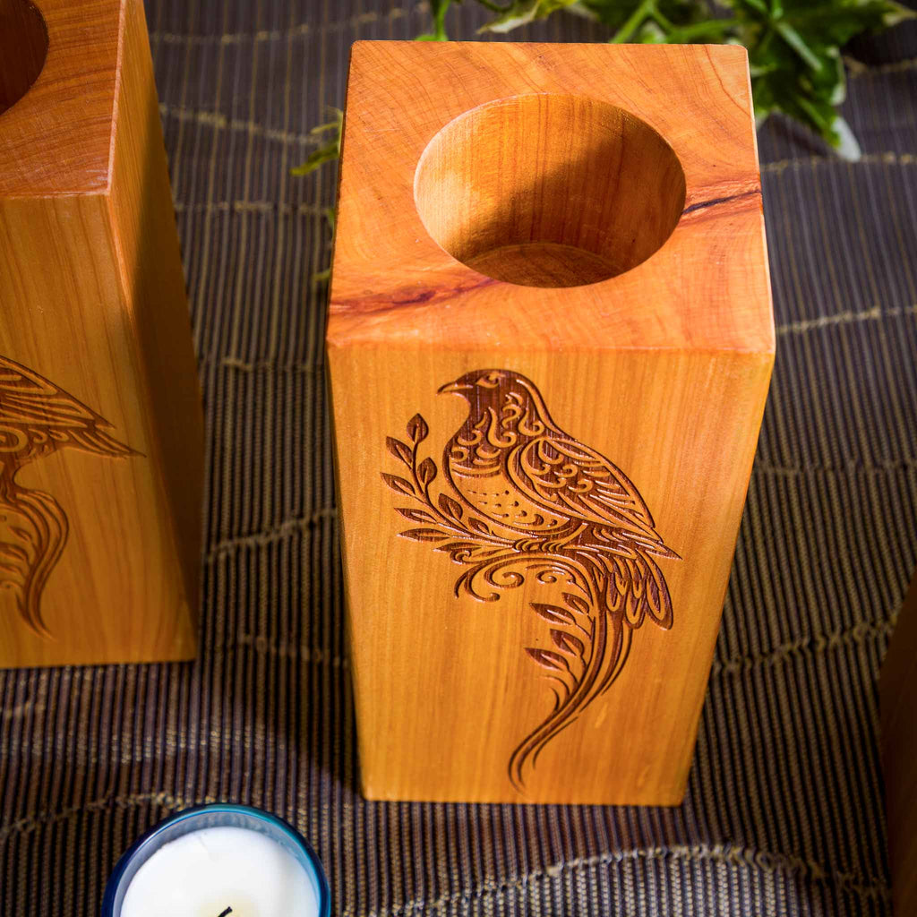 Large Macrocarpa Candle Holder, NZ Bird Engraved Timber Gift