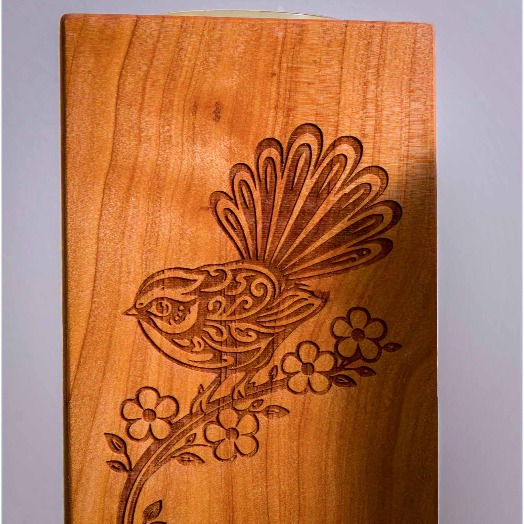 Large Macrocarpa Candle Holder, NZ Bird Engraved Timber Gift
