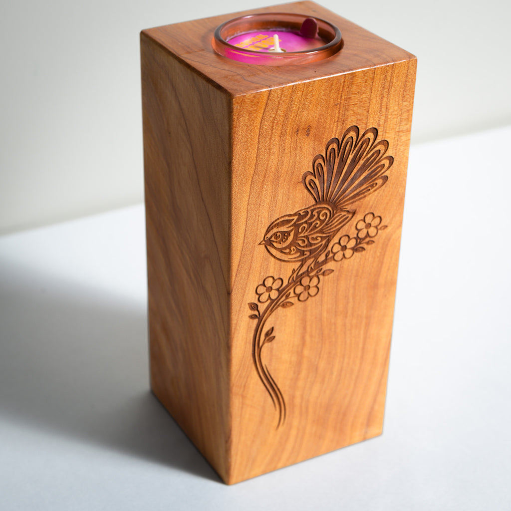 Large Macrocarpa Candle Holder | NZ Bird Engraved Timber Gift