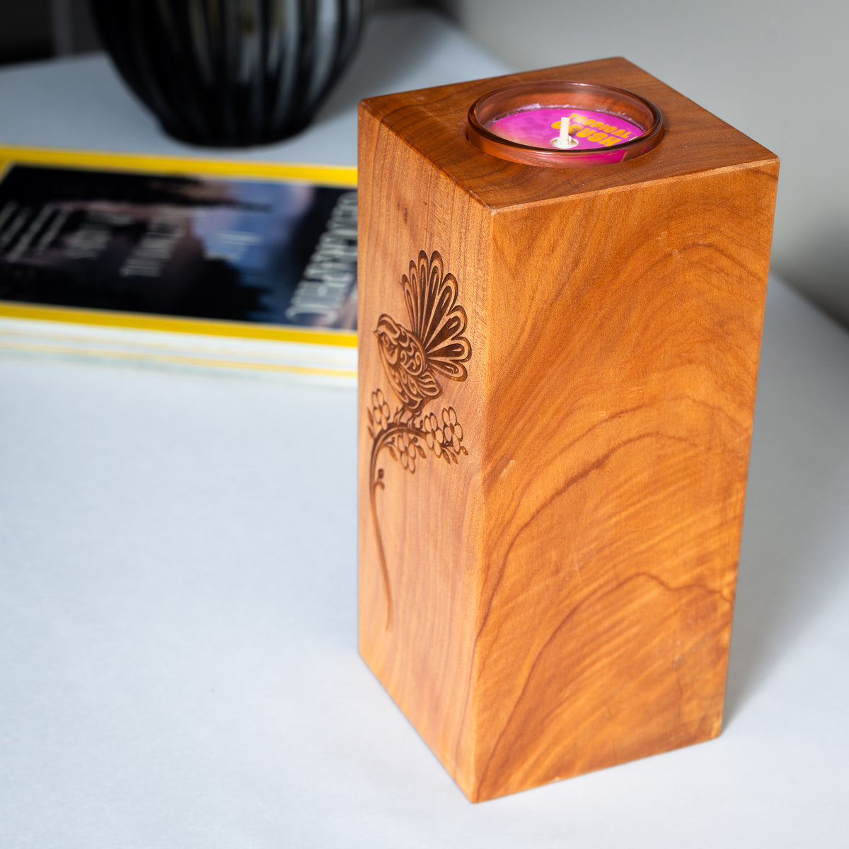 Large Macrocarpa Candle Holder | NZ Bird Engraved Timber Gift
