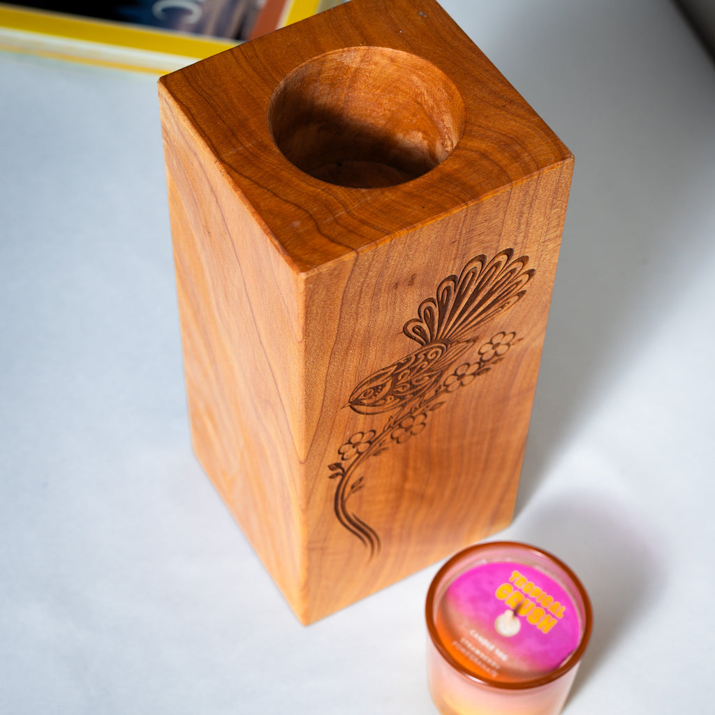 Large Macrocarpa Candle Holder | NZ Bird Engraved Timber Gift