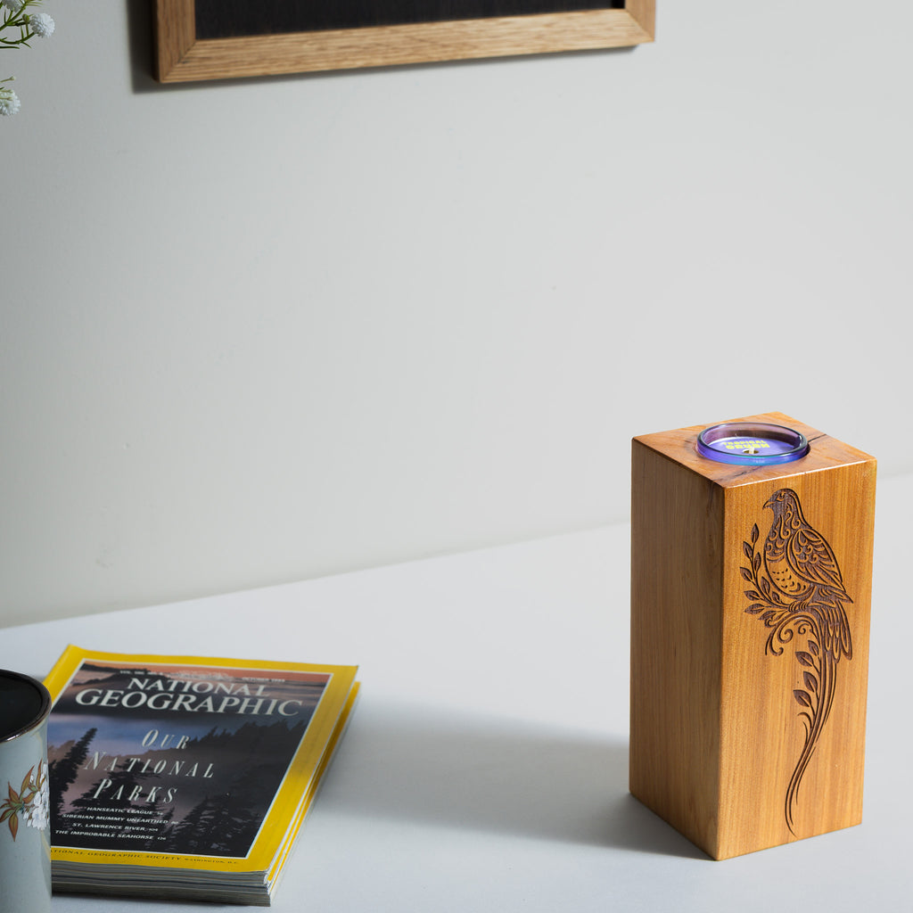 Large Macrocarpa Candle Holder | NZ Bird Engraved Timber Gift