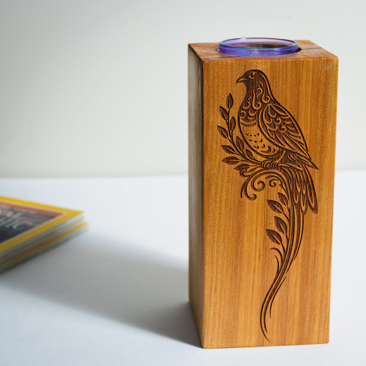 Large Macrocarpa Candle Holder | NZ Bird Engraved Timber Gift