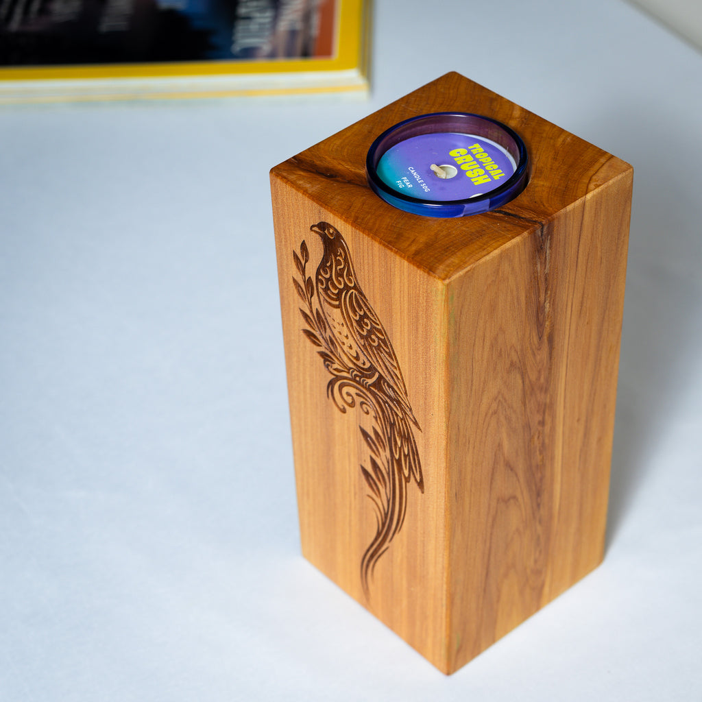 Large Macrocarpa Candle Holder | NZ Bird Engraved Timber Gift