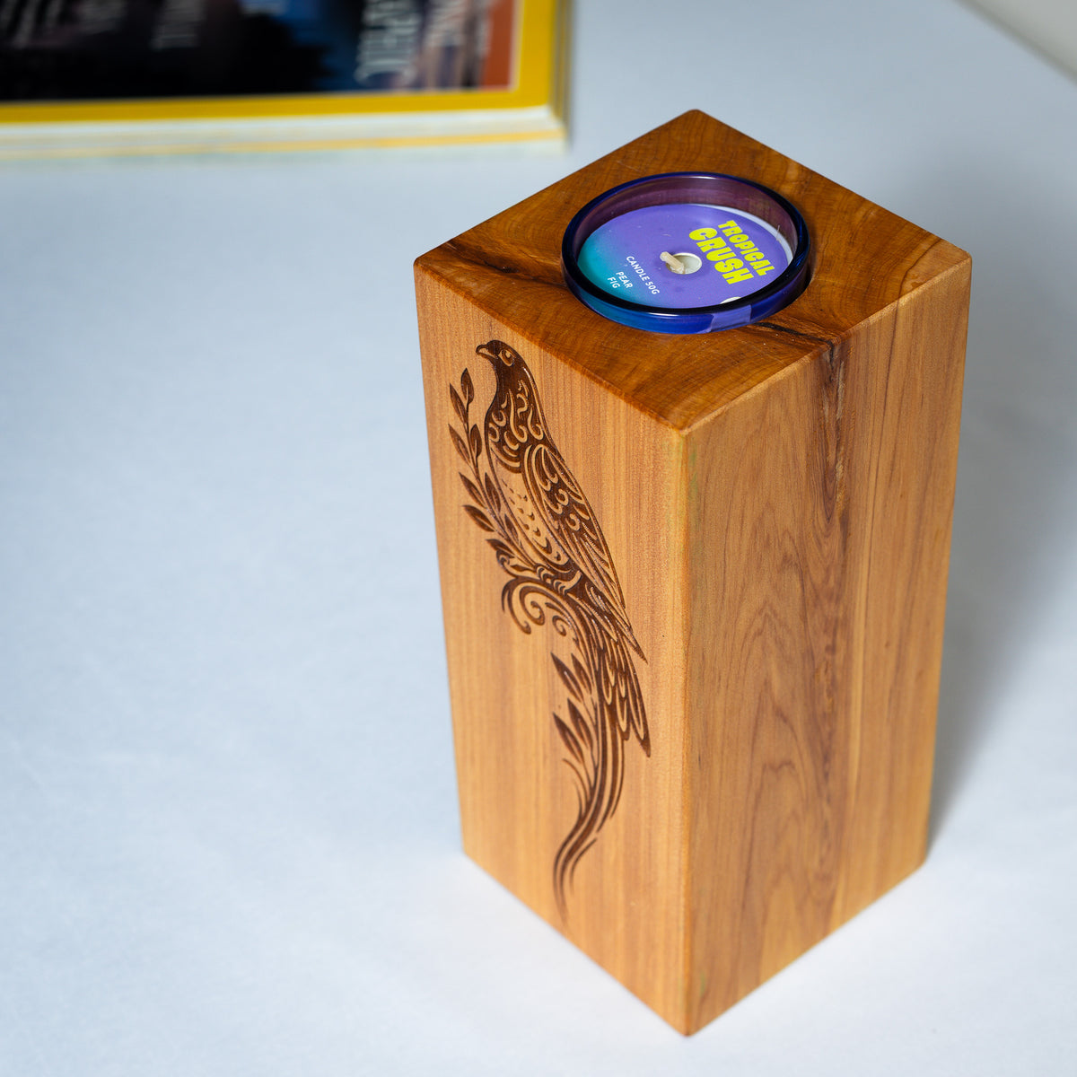 Large Macrocarpa Candle Holder | NZ Bird Engraved Timber Gift