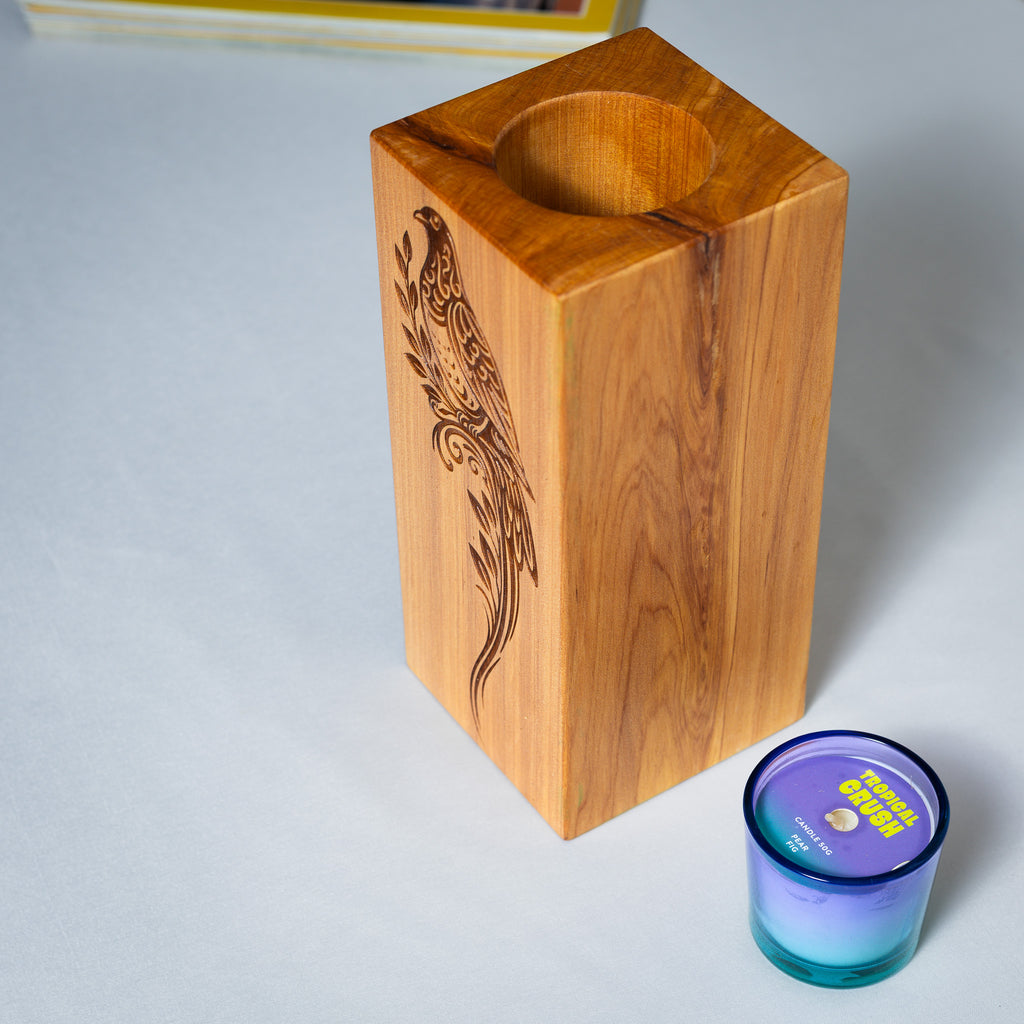 Large Macrocarpa Candle Holder | NZ Bird Engraved Timber Gift
