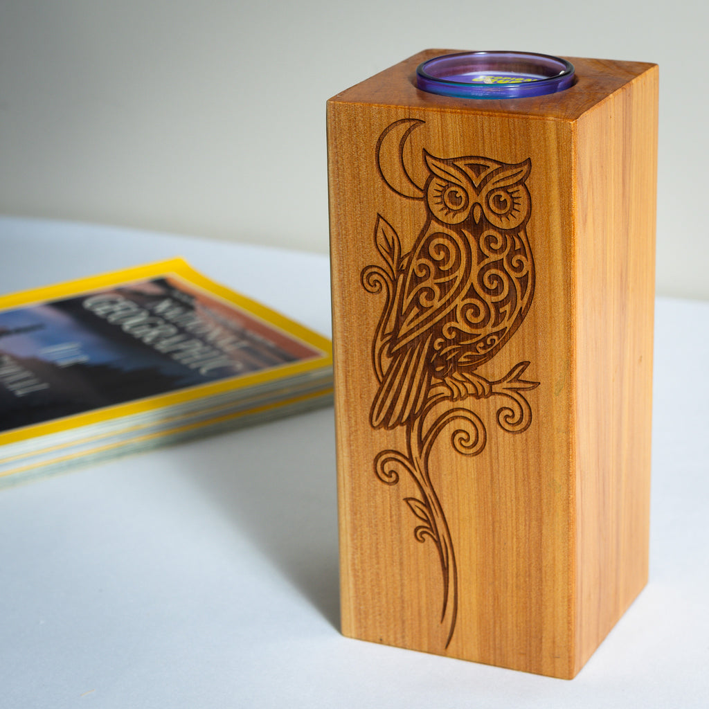 Large Macrocarpa Candle Holder | NZ Bird Engraved Timber Gift