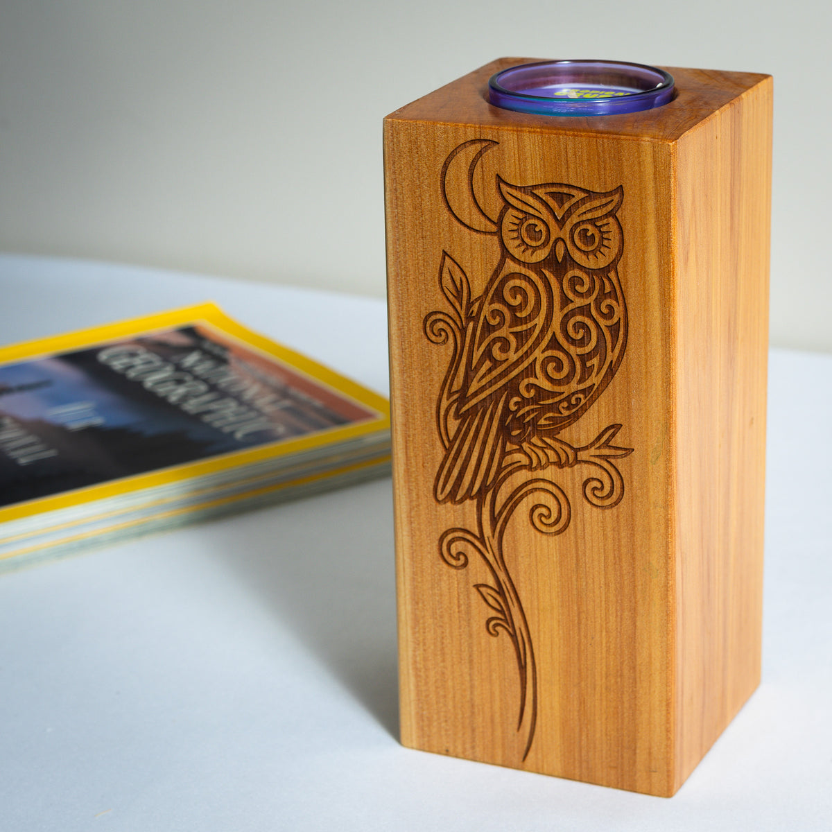 Large Macrocarpa Candle Holder | NZ Bird Engraved Timber Gift