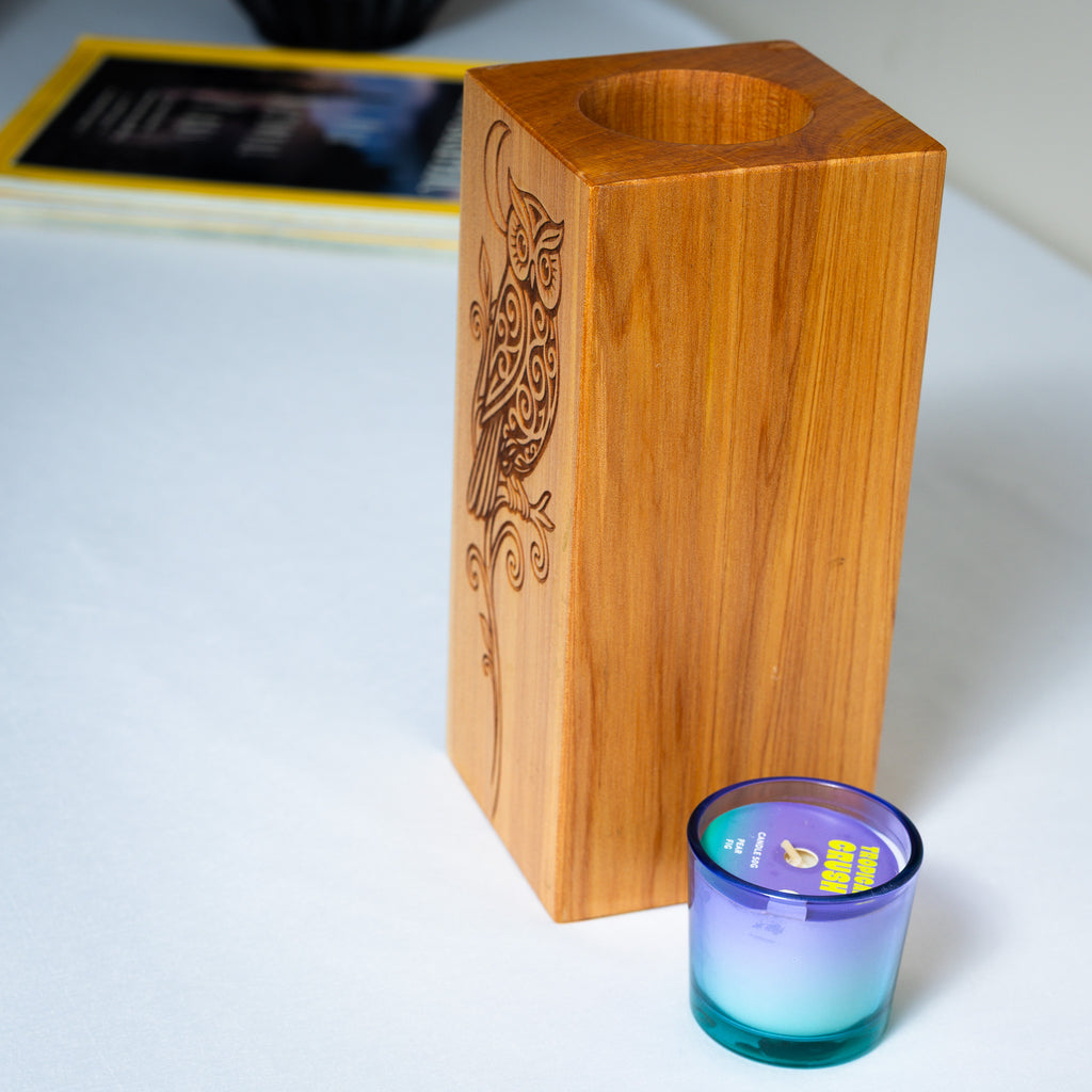 Large Macrocarpa Candle Holder | NZ Bird Engraved Timber Gift