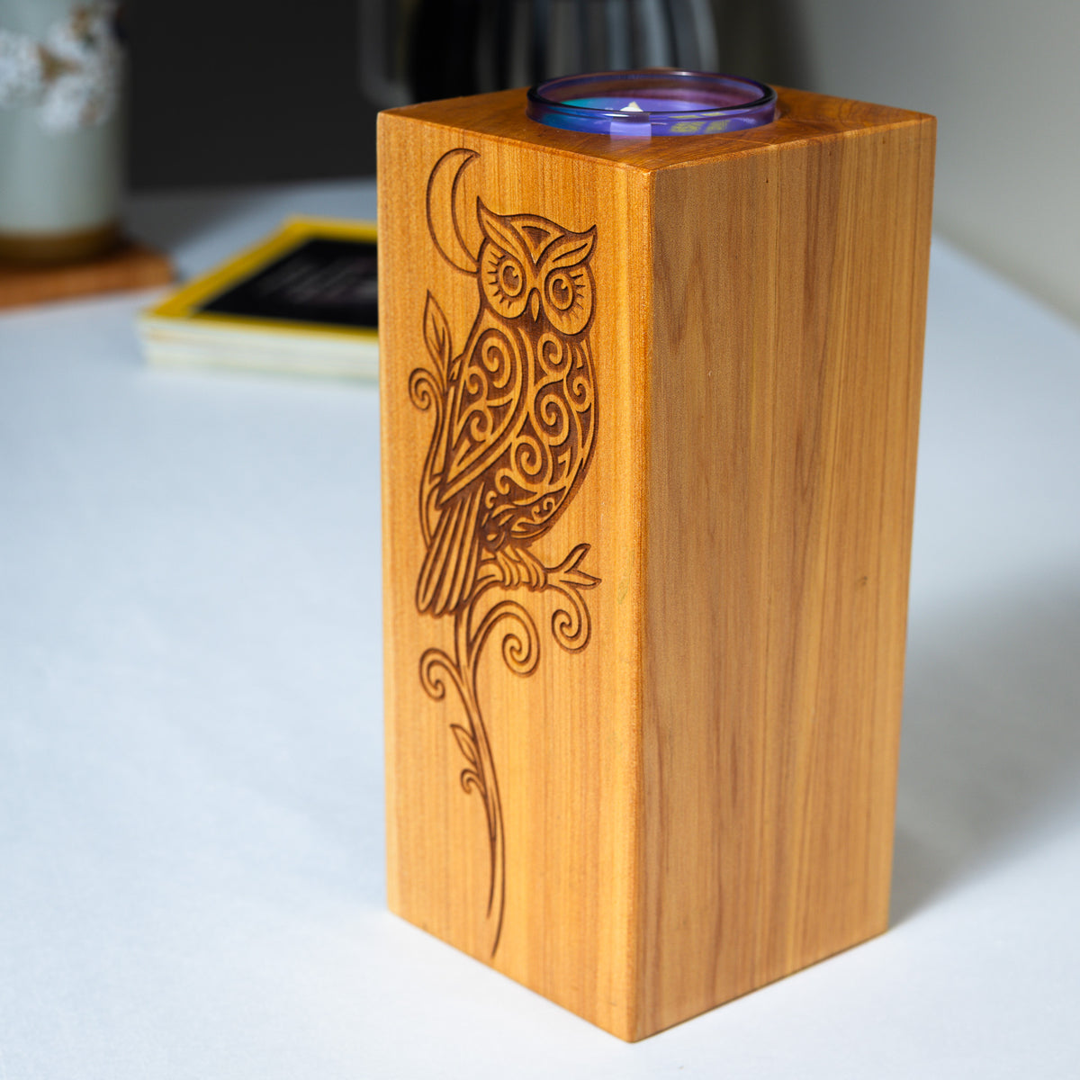 Large Macrocarpa Candle Holder | NZ Bird Engraved Timber Gift