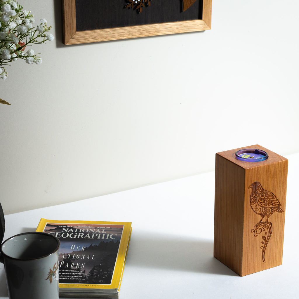 Large Macrocarpa Candle Holder | NZ Bird Engraved Timber Gift