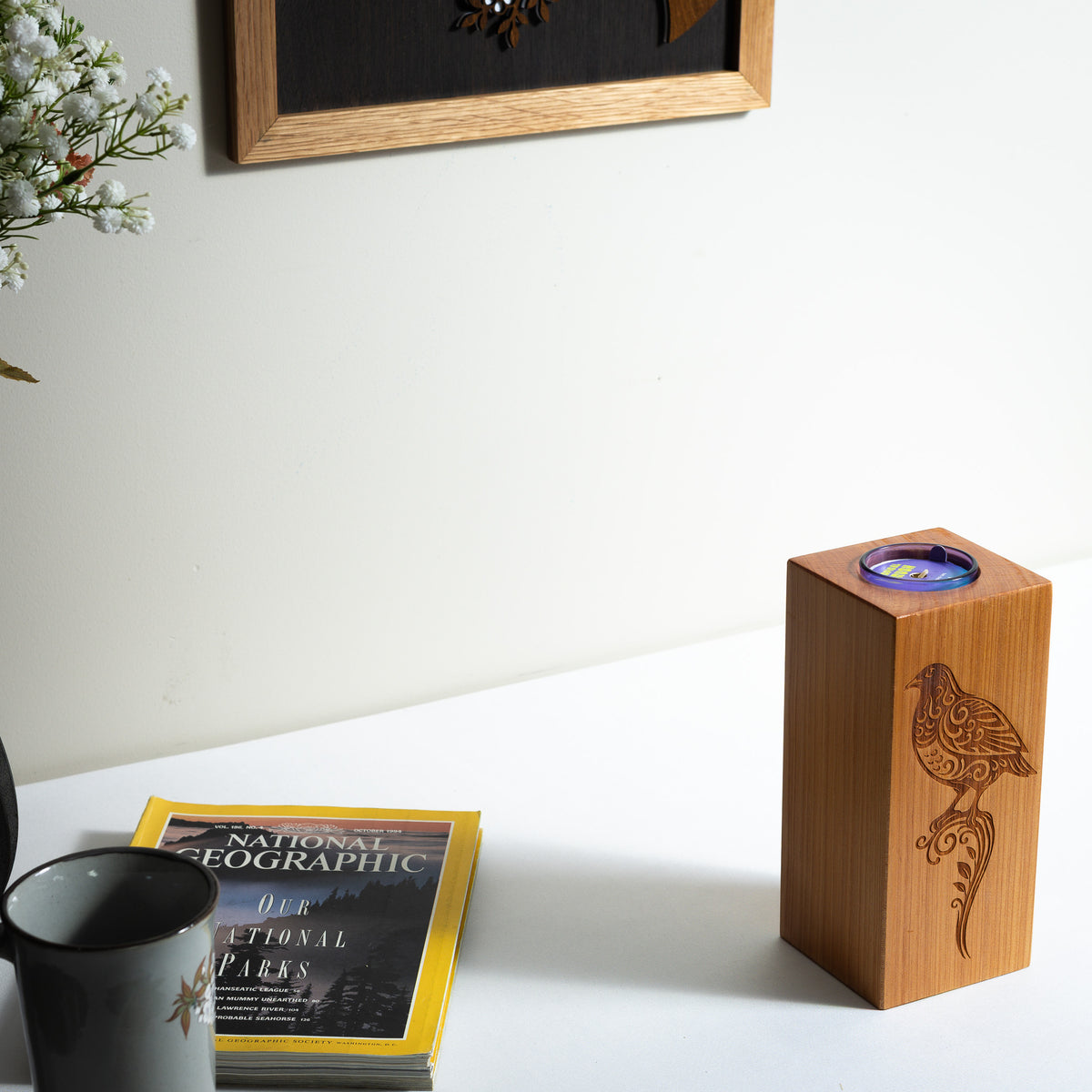 Large Macrocarpa Candle Holder | NZ Bird Engraved Timber Gift