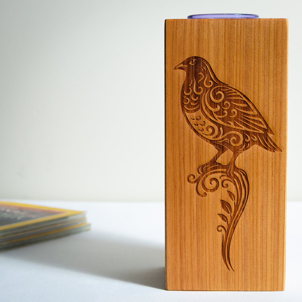 Large Macrocarpa Candle Holder | NZ Bird Engraved Timber Gift