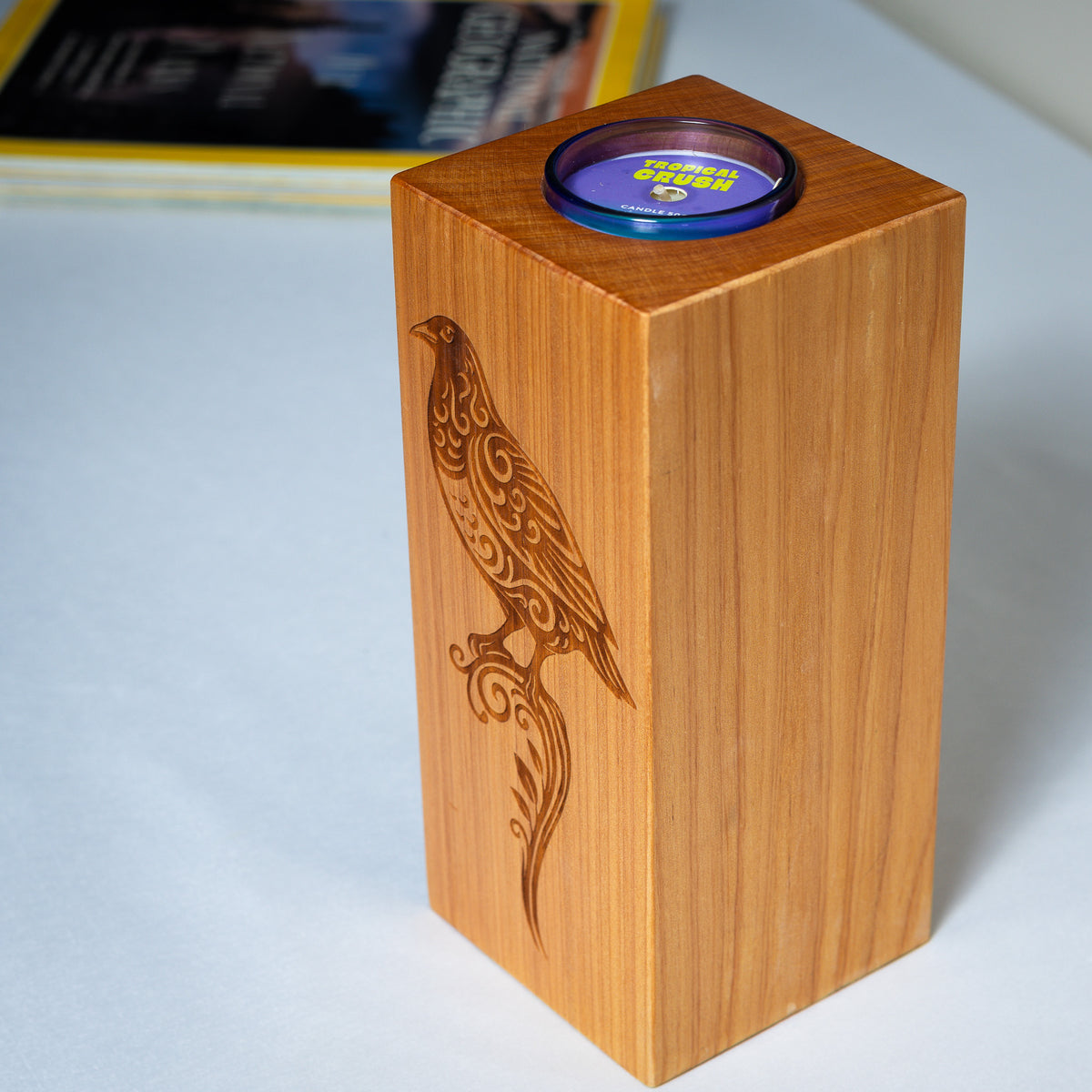 Large Macrocarpa Candle Holder | NZ Bird Engraved Timber Gift