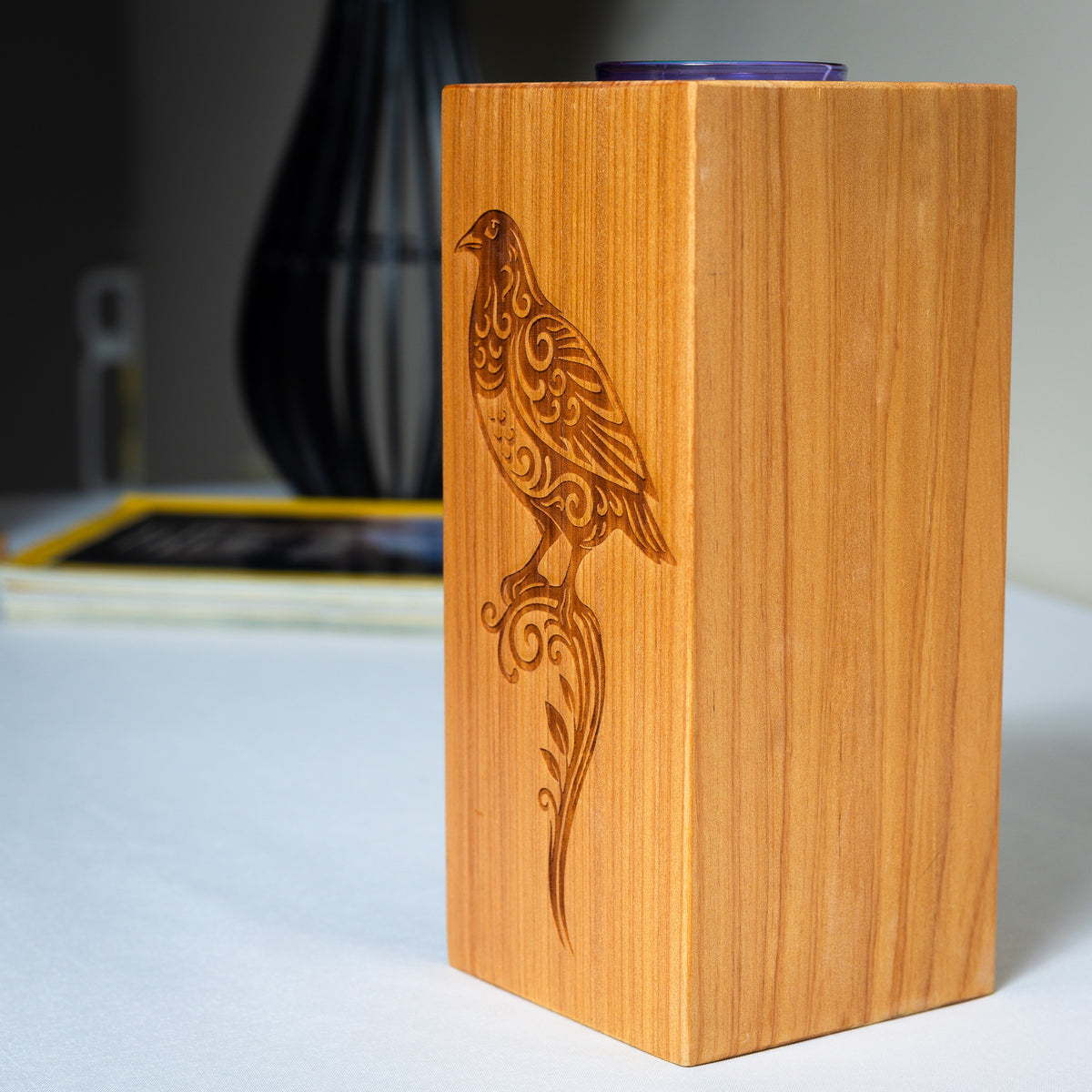 Large Macrocarpa Candle Holder | NZ Bird Engraved Timber Gift