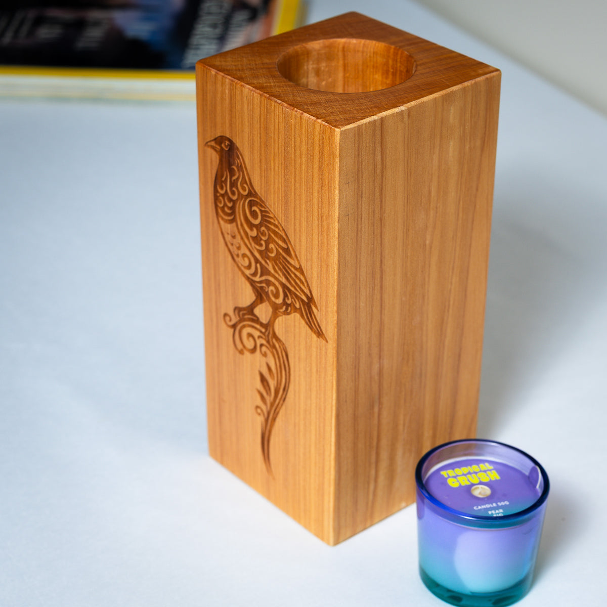 Large Macrocarpa Candle Holder | NZ Bird Engraved Timber Gift