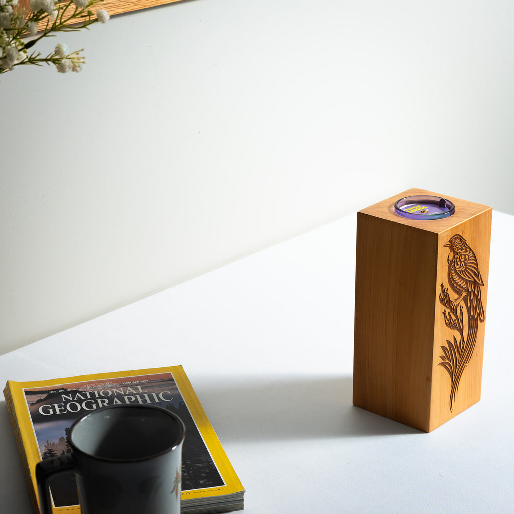 Large Macrocarpa Candle Holder | NZ Bird Engraved Timber Gift