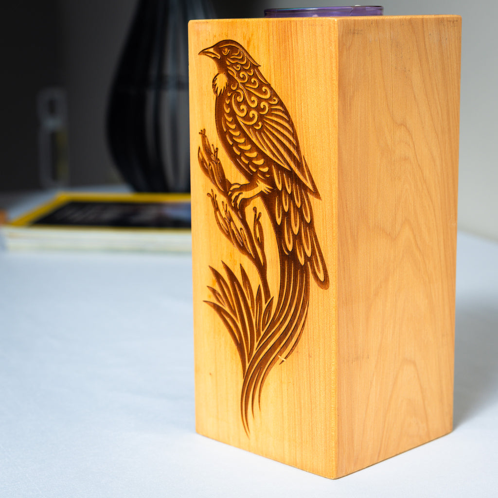 Large Macrocarpa Candle Holder | NZ Bird Engraved Timber Gift