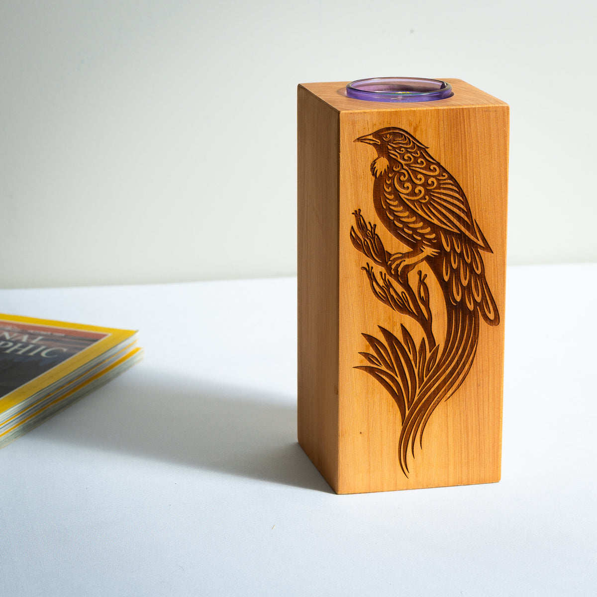 Large Macrocarpa Candle Holder | NZ Bird Engraved Timber Gift