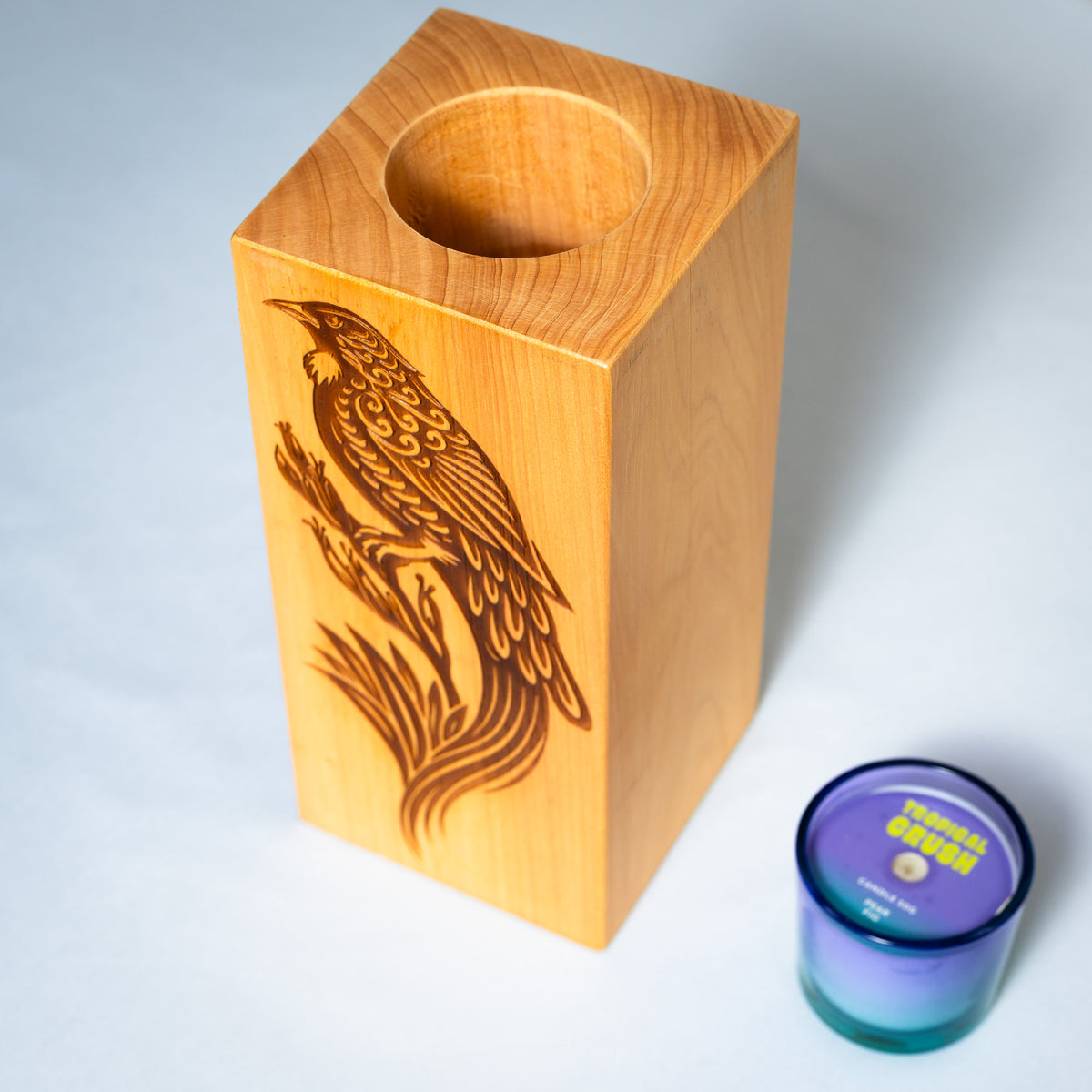 Large Macrocarpa Candle Holder | NZ Bird Engraved Timber Gift