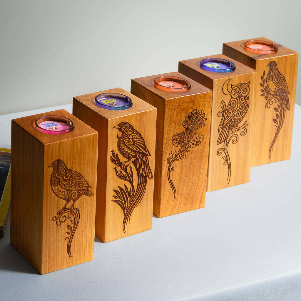 Large Macrocarpa Candle Holder | NZ Bird Engraved Timber Gift