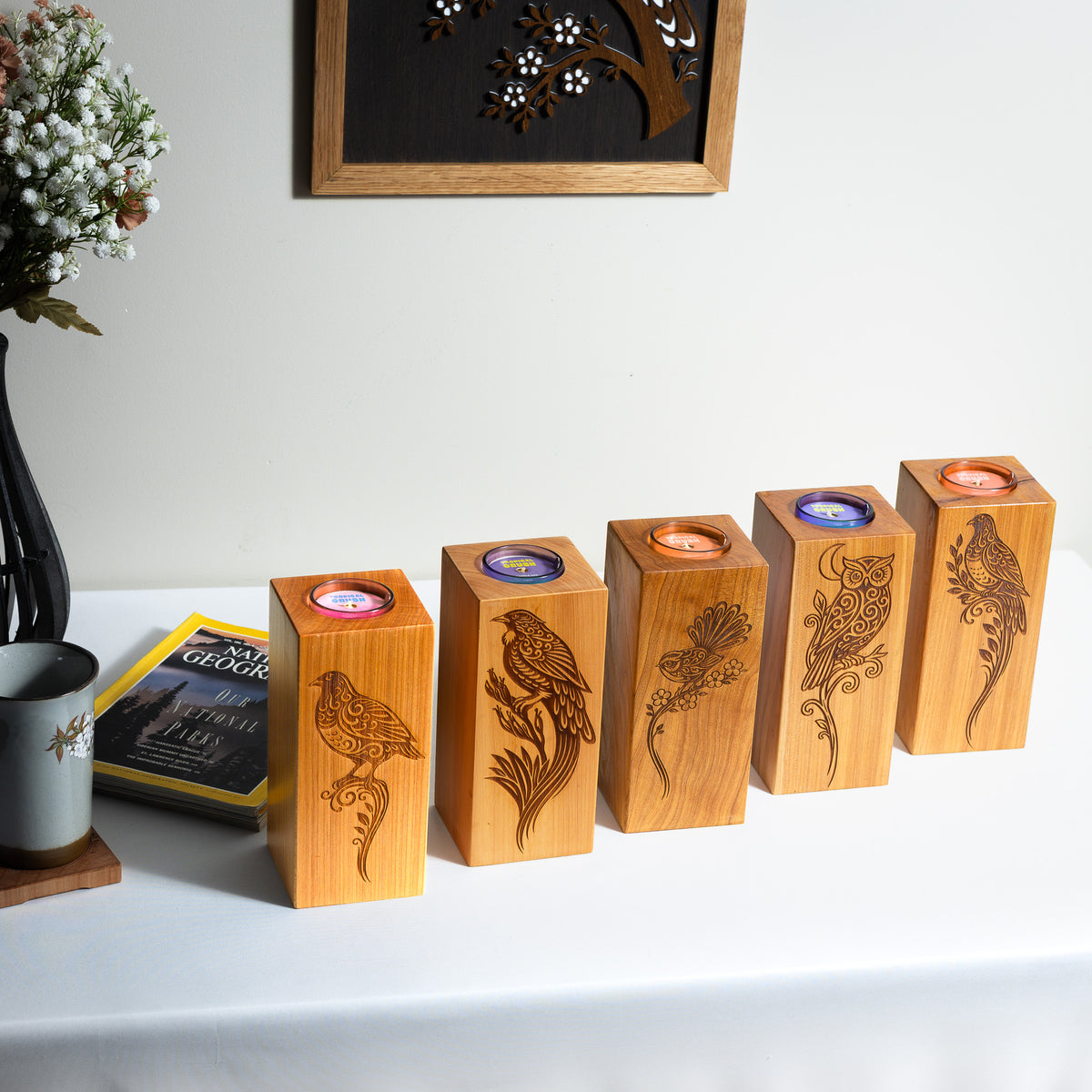 Large Macrocarpa Candle Holder | NZ Bird Engraved Timber Gift