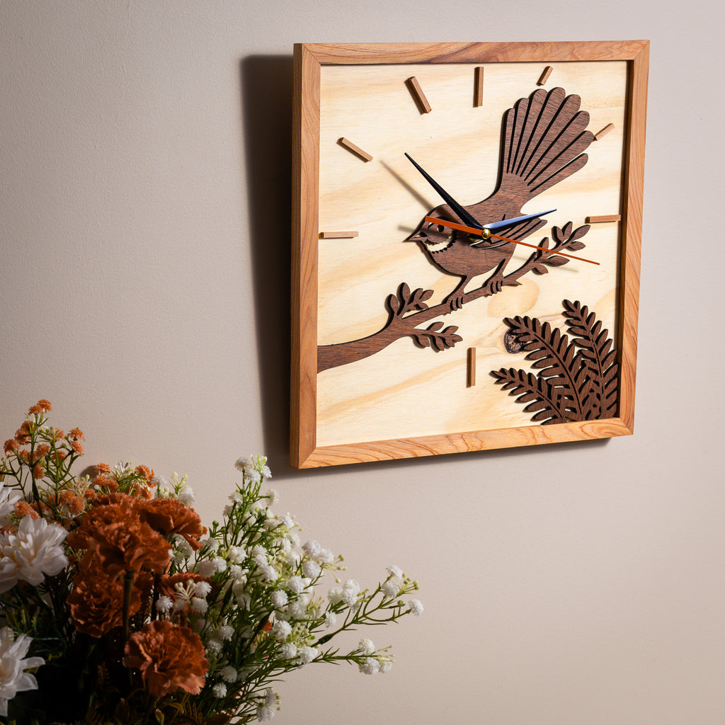 NZ Fantail Wall Clock (315×315mm) | Silent Sweep | Handmade NZ Timber | furnACE