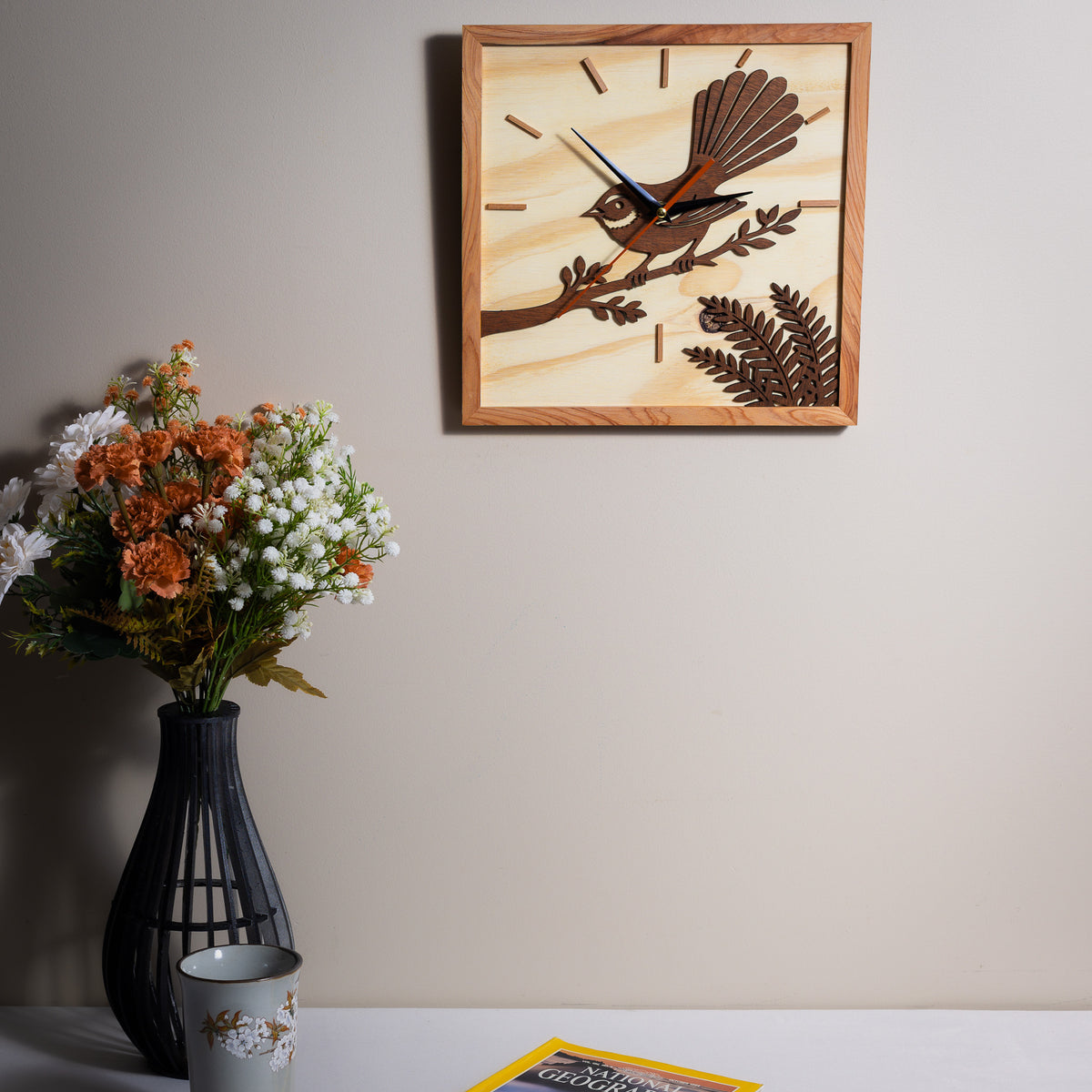 NZ Fantail Wall Clock (315×315mm) | Silent Sweep | Handmade NZ Timber | furnACE