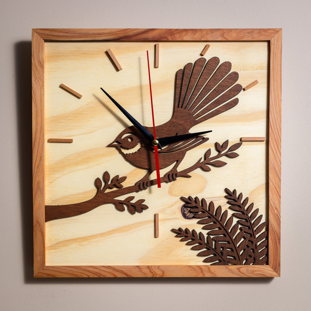 NZ Fantail Wall Clock (315×315mm) | Silent Sweep | Handmade NZ Timber | furnACE