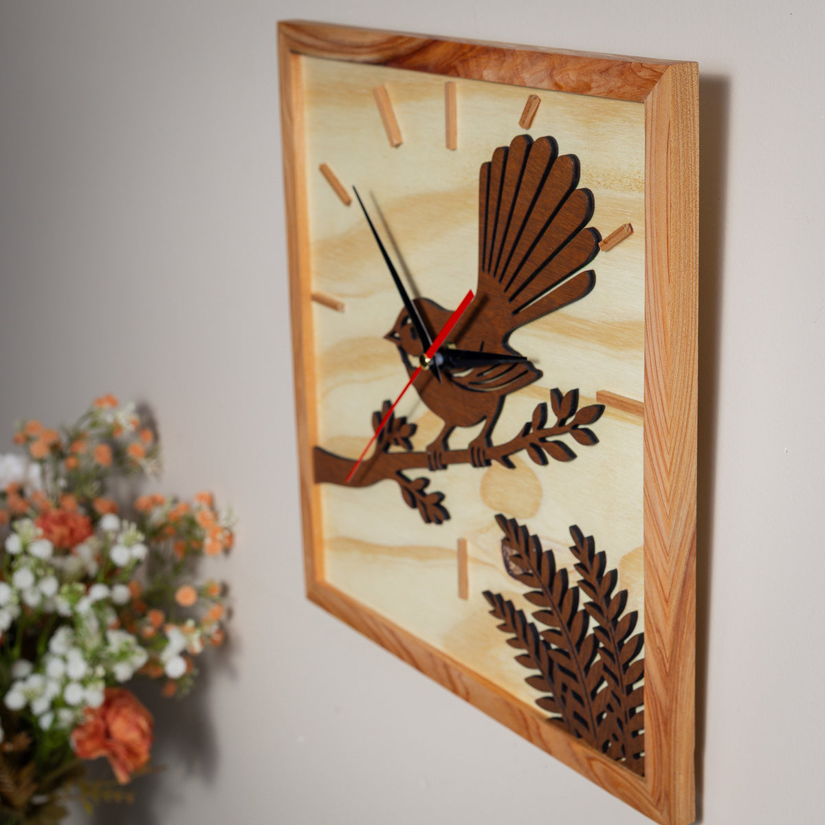 NZ Fantail Wall Clock (315×315mm) | Silent Sweep | Handmade NZ Timber | furnACE