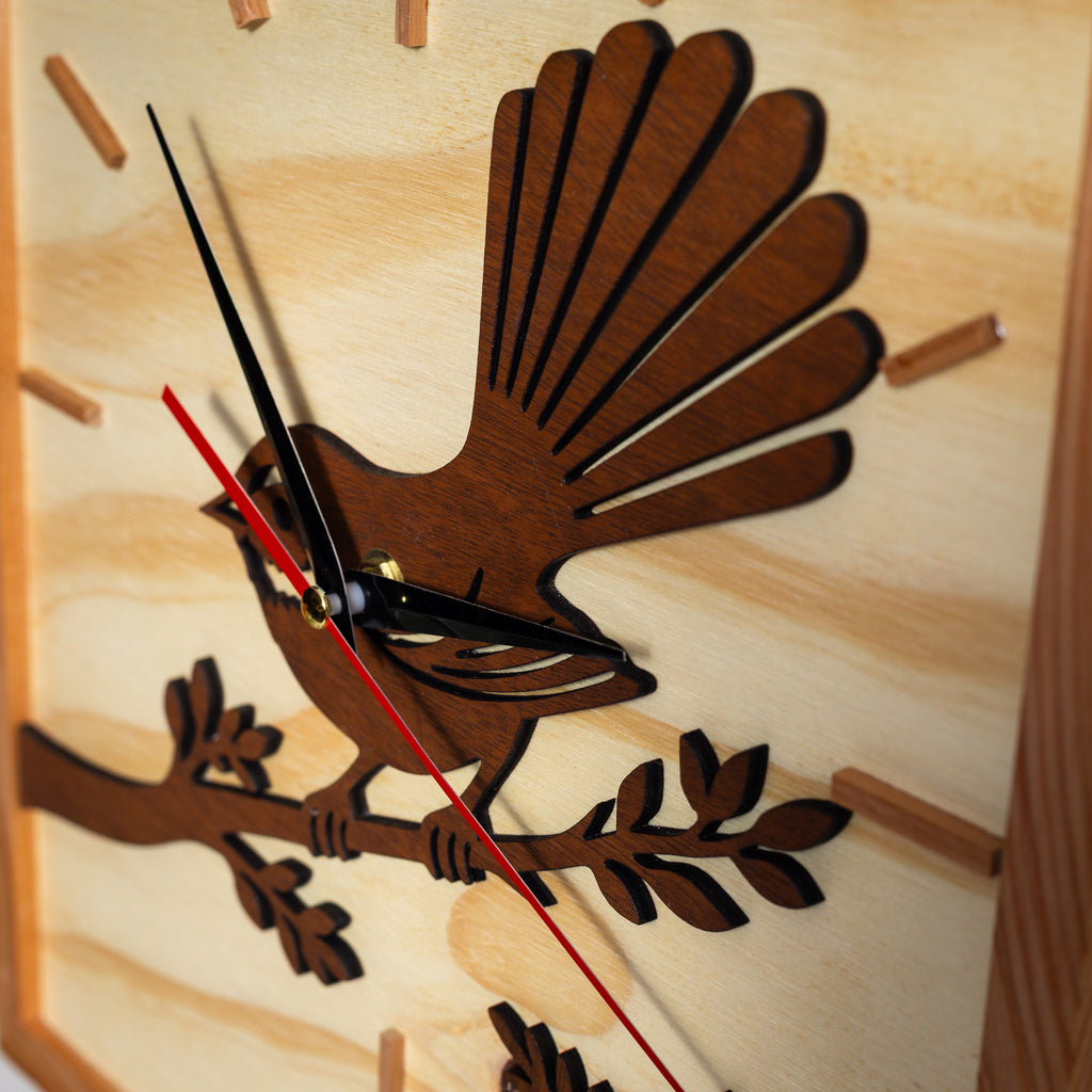 NZ Fantail Wall Clock (315×315mm) | Silent Sweep | Handmade NZ Timber | furnACE