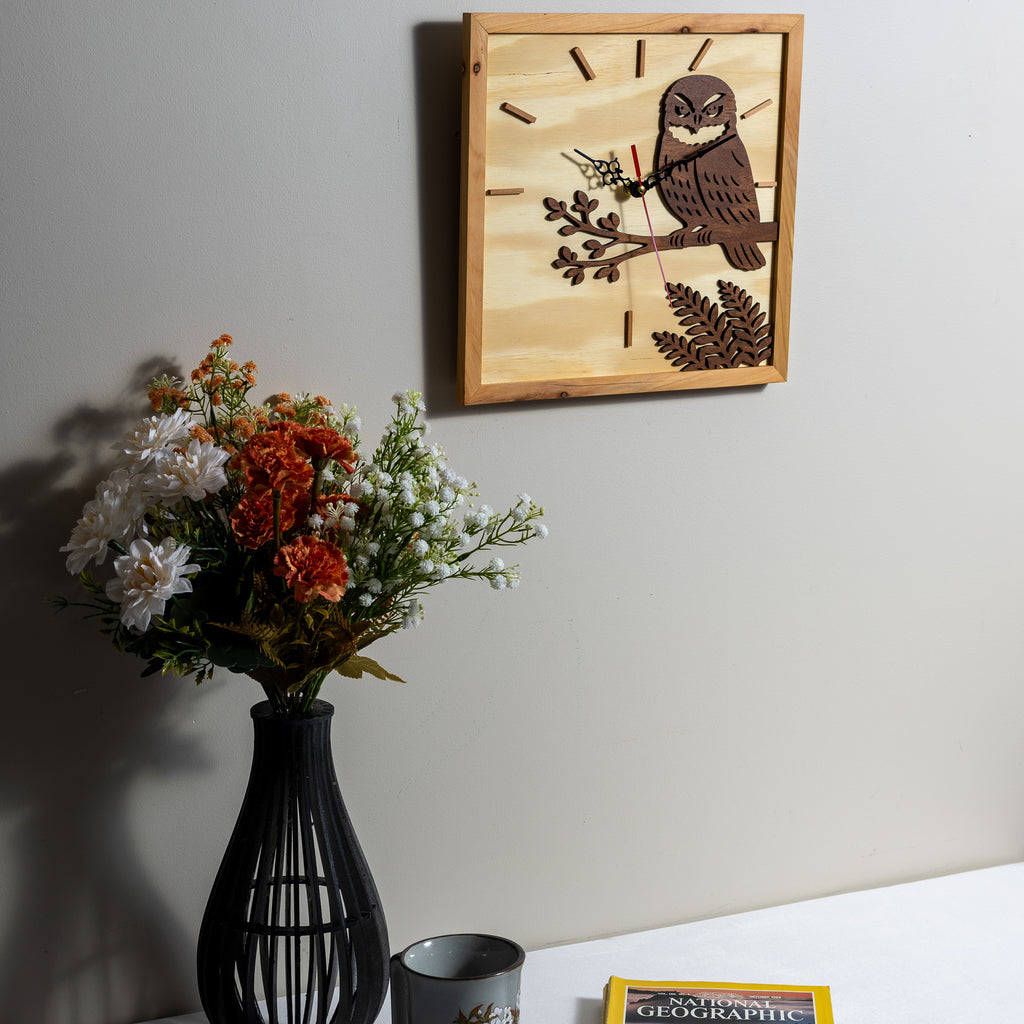 NZ Morepork Layered Timber Wall Clock (315×315mm)