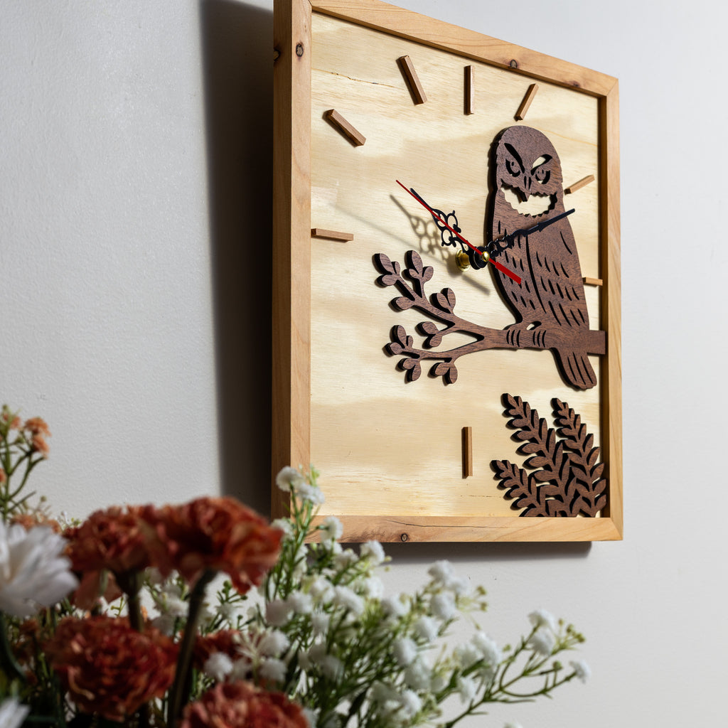 NZ Morepork Layered Timber Wall Clock (315×315mm)