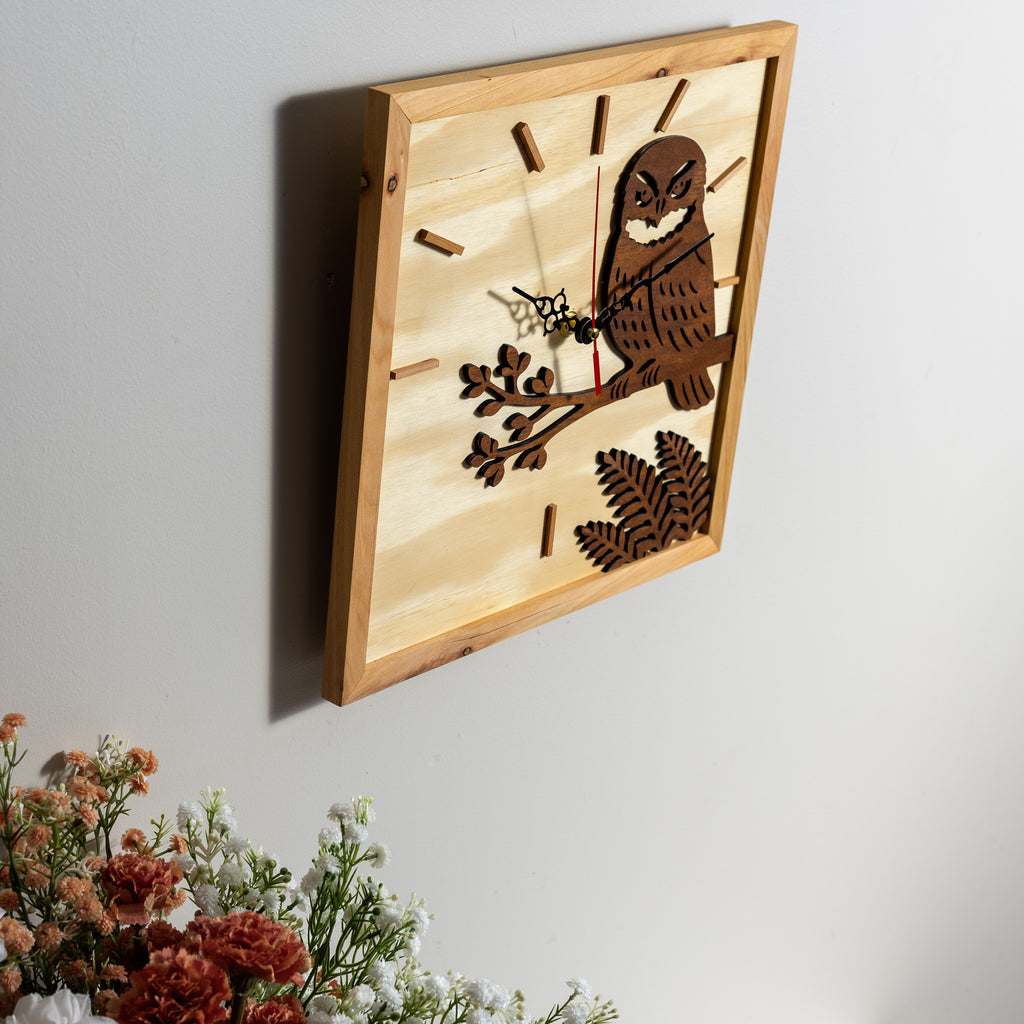 NZ Morepork Layered Timber Wall Clock (315×315mm)