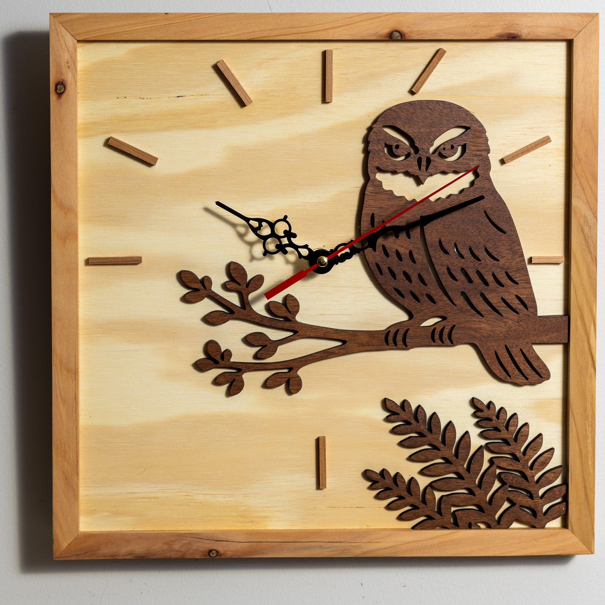 NZ Morepork Layered Timber Wall Clock (315×315mm)