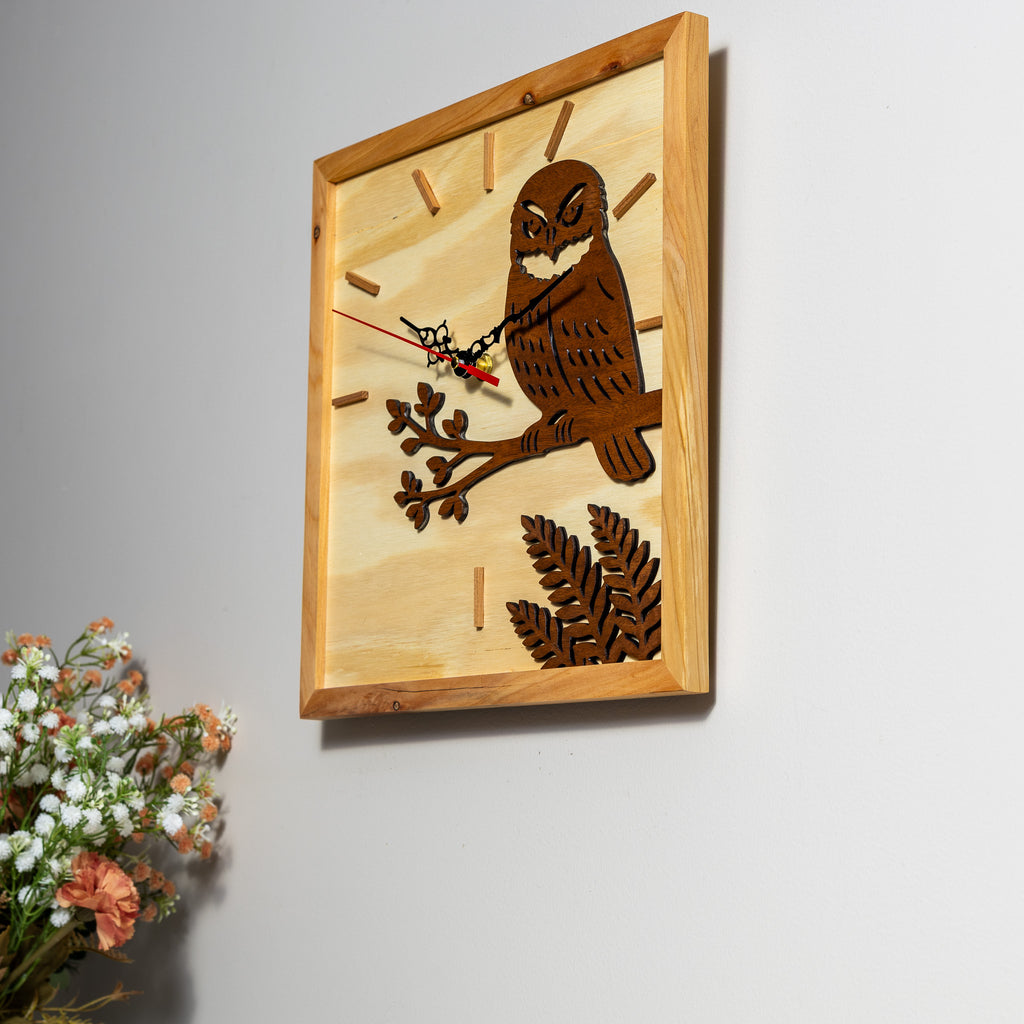 NZ Morepork Layered Timber Wall Clock (315×315mm)