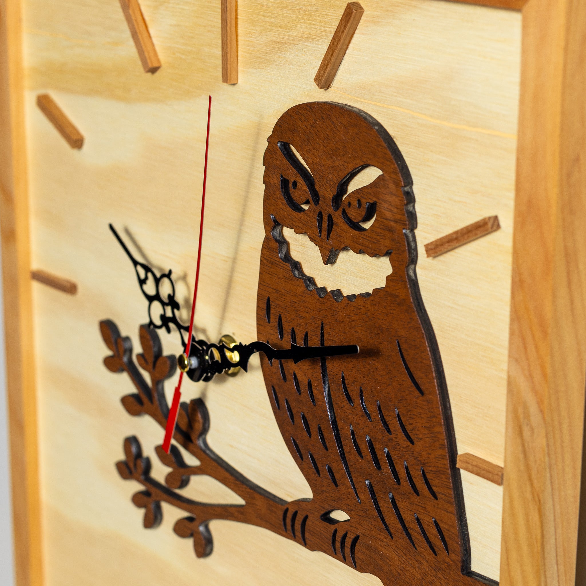 NZ Morepork Layered Timber Wall Clock (315×315mm)