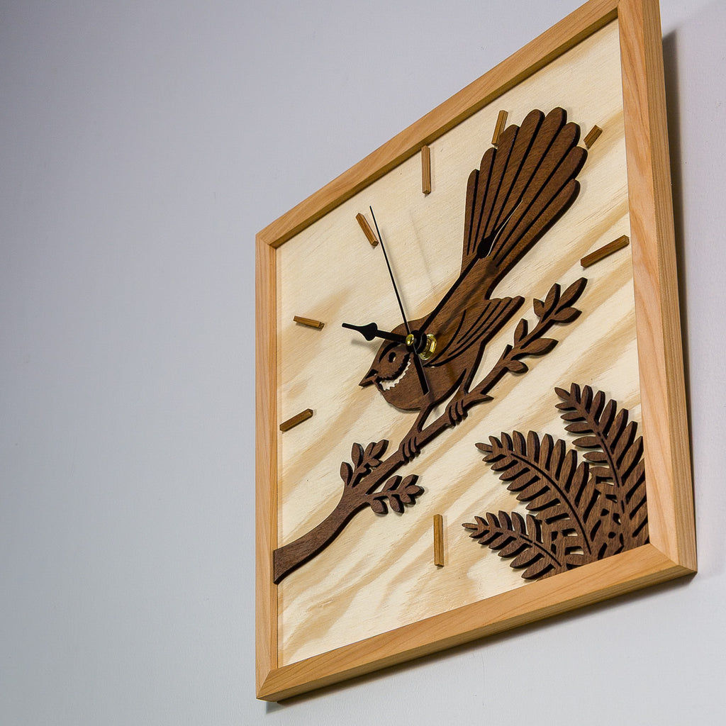 NZ Fantail Wall Clock (315×315mm) | Silent Sweep | Handmade NZ Timber | furnACE