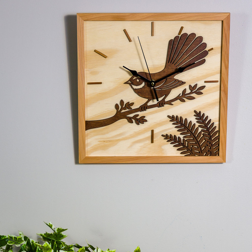 NZ Fantail Wall Clock (315×315mm) | Silent Sweep | Handmade NZ Timber | furnACE