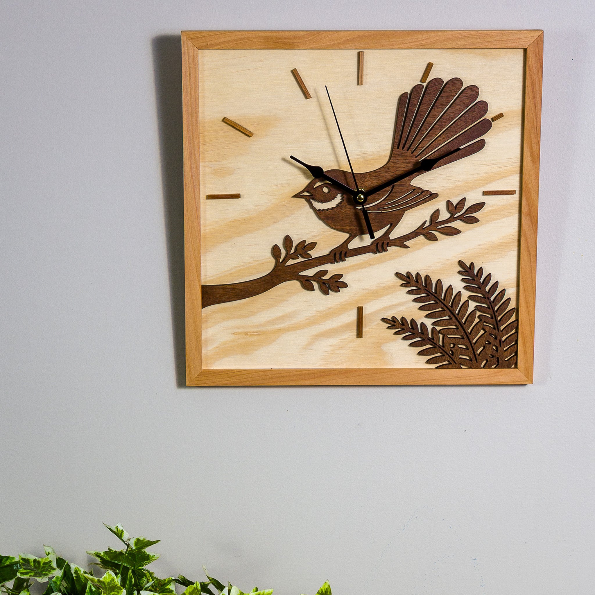 NZ Fantail Wall Clock (315×315mm) | Silent Sweep | Handmade NZ Timber | furnACE