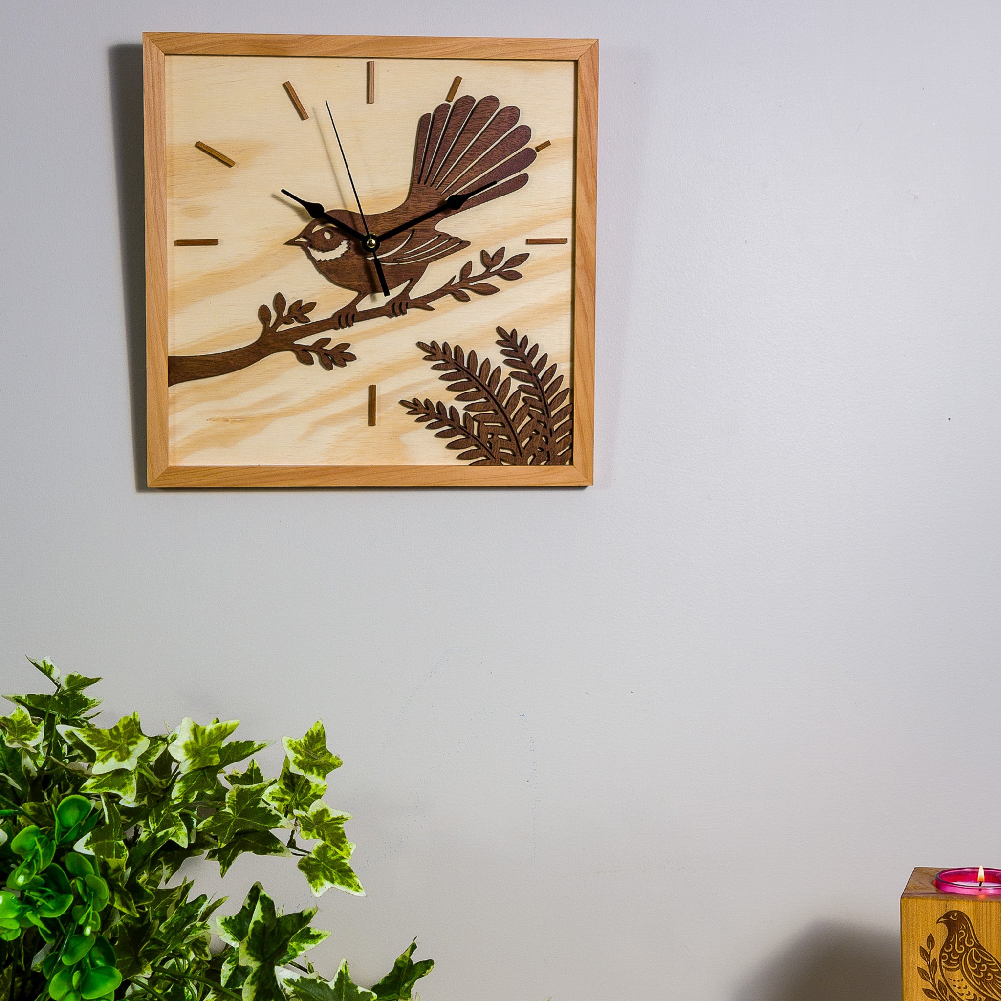 NZ Fantail Wall Clock (315×315mm) | Silent Sweep | Handmade NZ Timber | furnACE