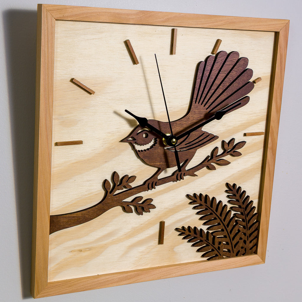 NZ Fantail Wall Clock (315×315mm) | Silent Sweep | Handmade NZ Timber | furnACE