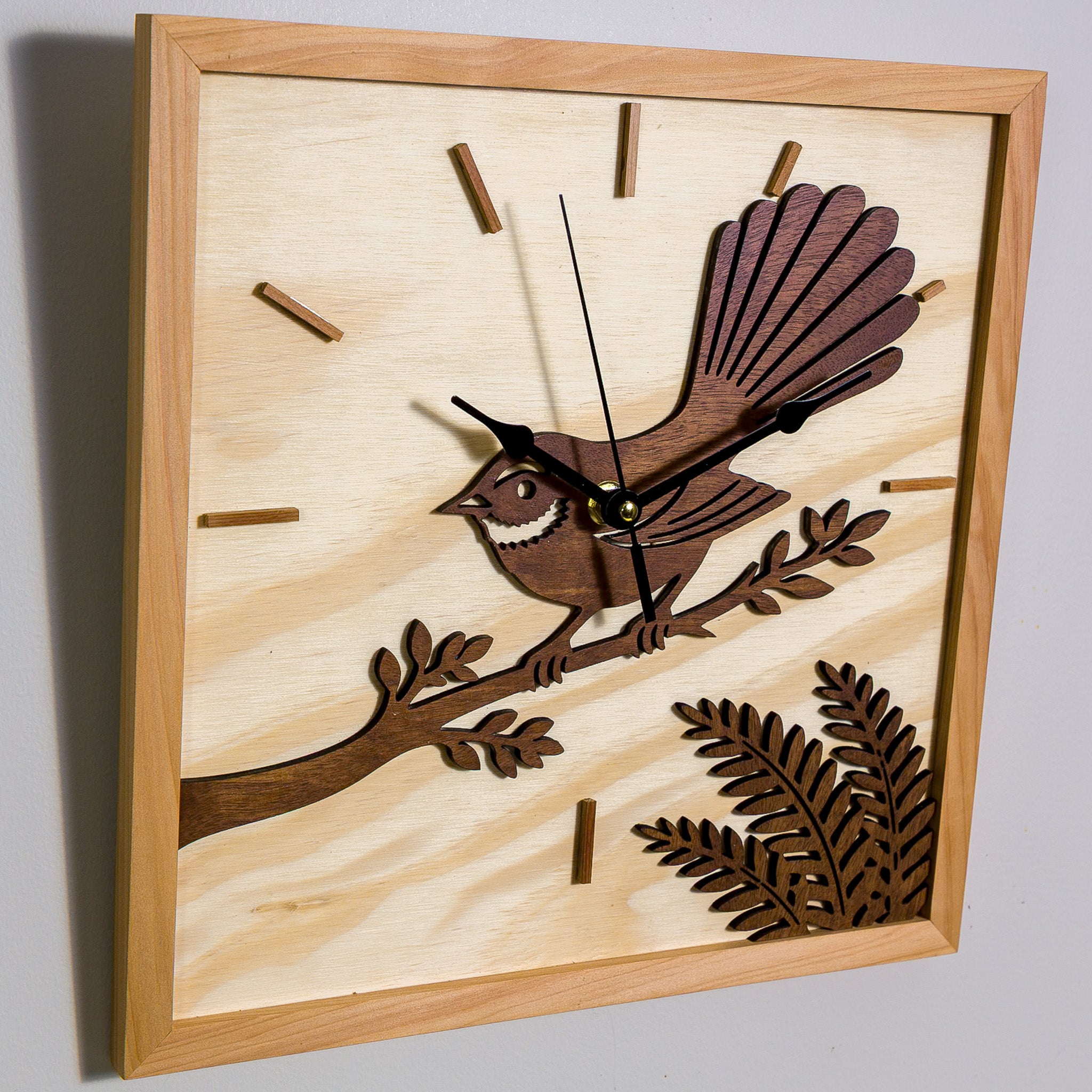 NZ Fantail Wall Clock (315×315mm) | Silent Sweep | Handmade NZ Timber | furnACE