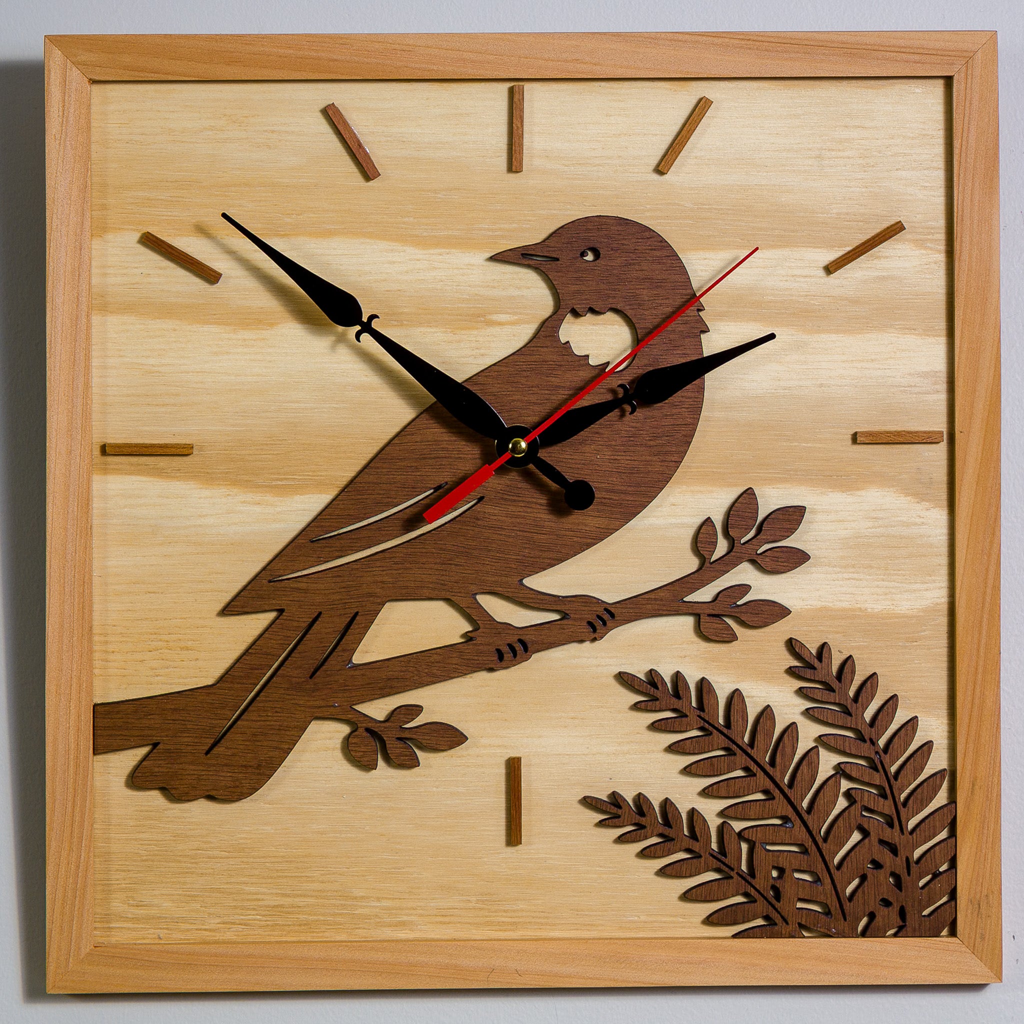 NZ Tui Wall Clock (315×315mm) | Silent Sweep | Handmade NZ Timber | furnACE